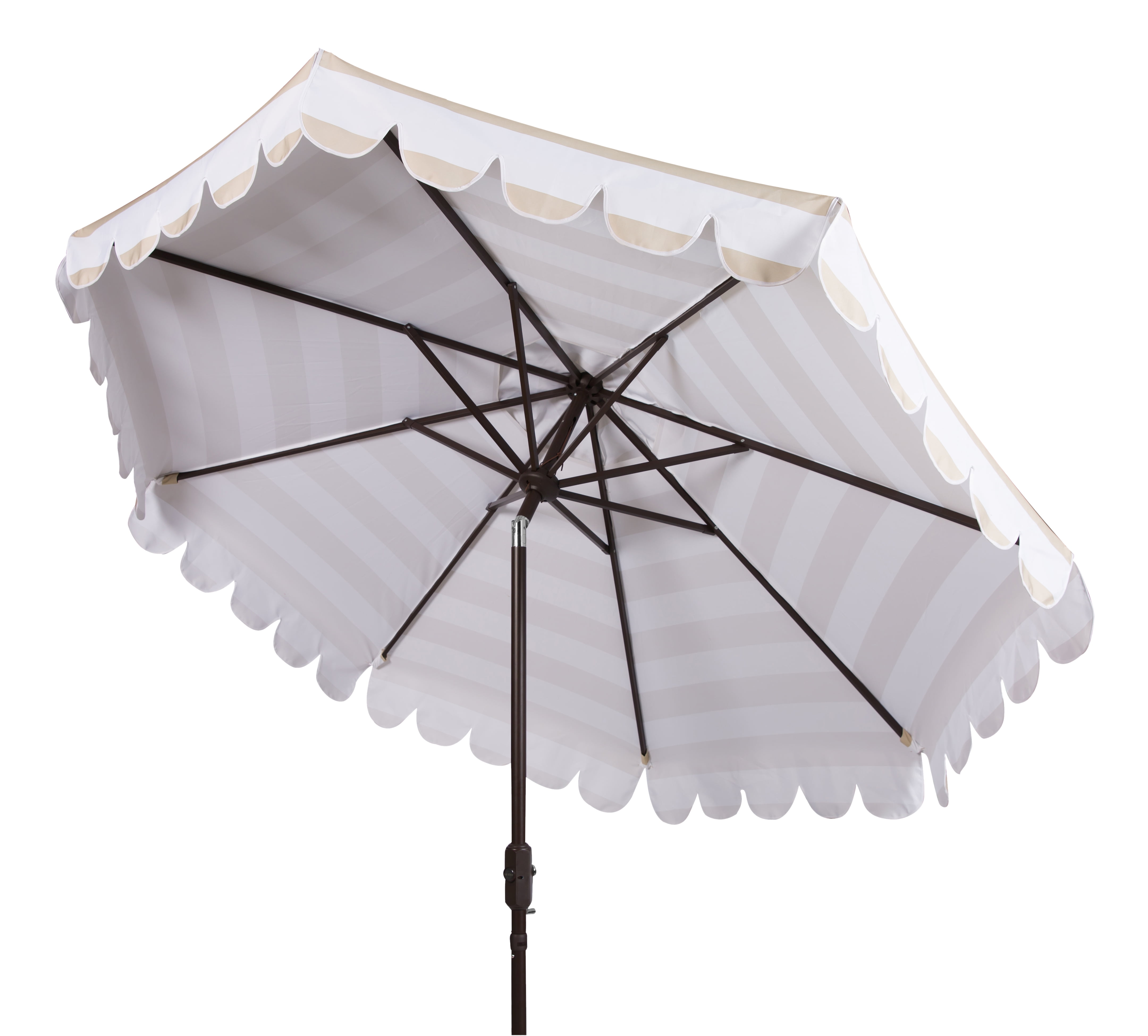 Beige and White Striped 9Ft Scallop Crank Umbrella