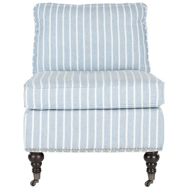 Blue and White Striped Linen Slipper Chair with Wooden Spindle Legs