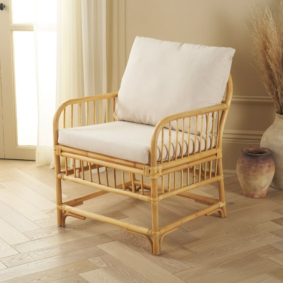 Safavieh Reiley Coastal Rattan and Linen Dining Arm Chairs, White/Natural