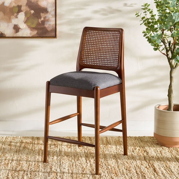 Safavieh Reinhardt Traditional Mid Back Wood and Rattan Stools, Gray/Walnut