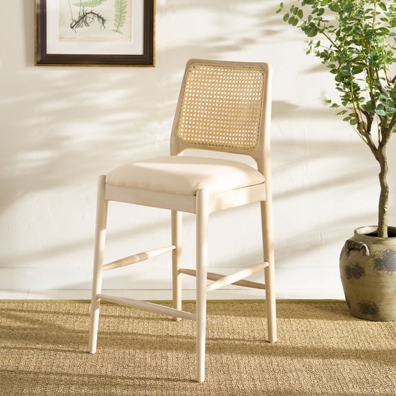 Safavieh Reinhardt Traditional Mid Back Wood and Rattan Stools, White/Ivory