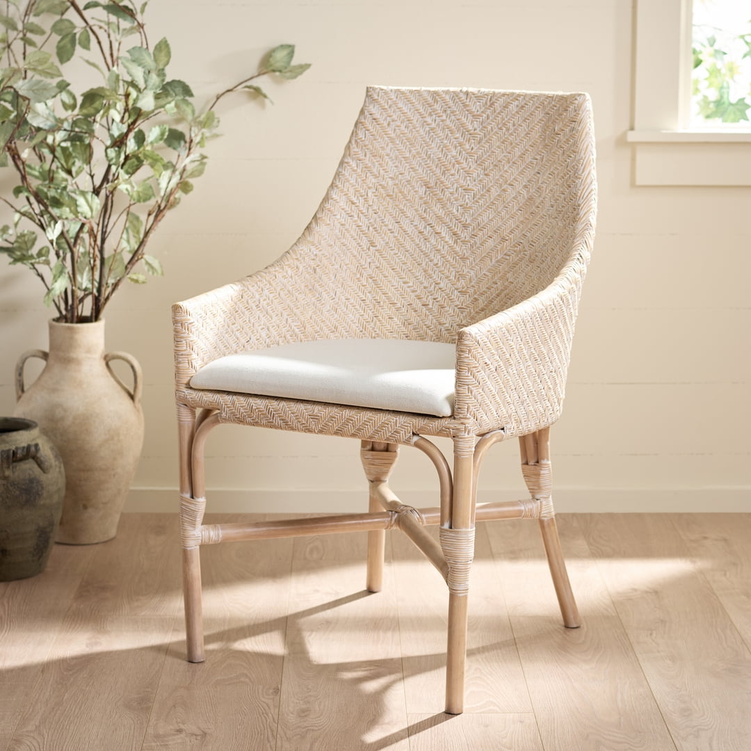 Safavieh Rikan Modern Rattan and Fabric Dining Arm Chair, White Washed/ Ivory