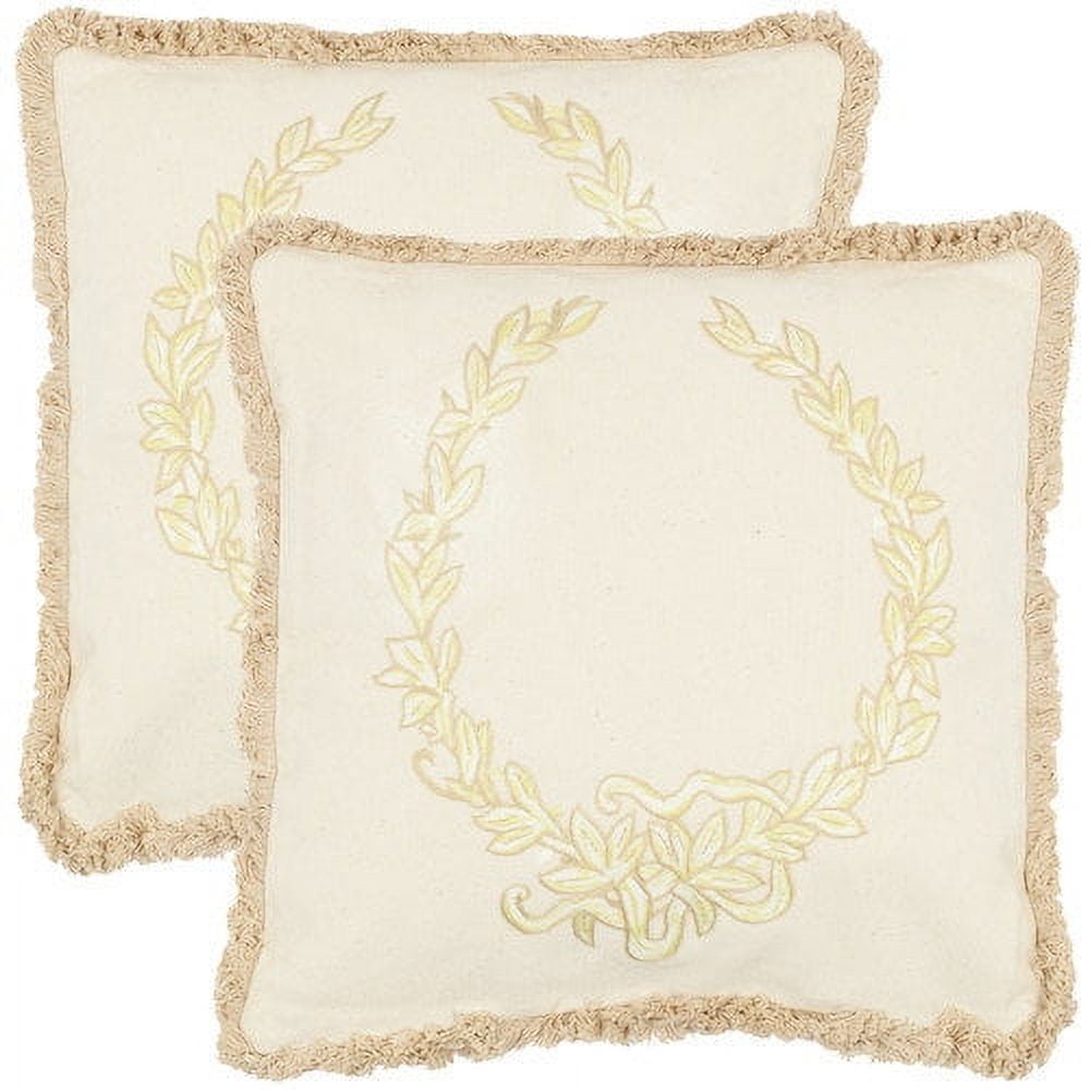 Wheat and Yellow Embroidered Cotton Square Throw Pillows, Set of 2