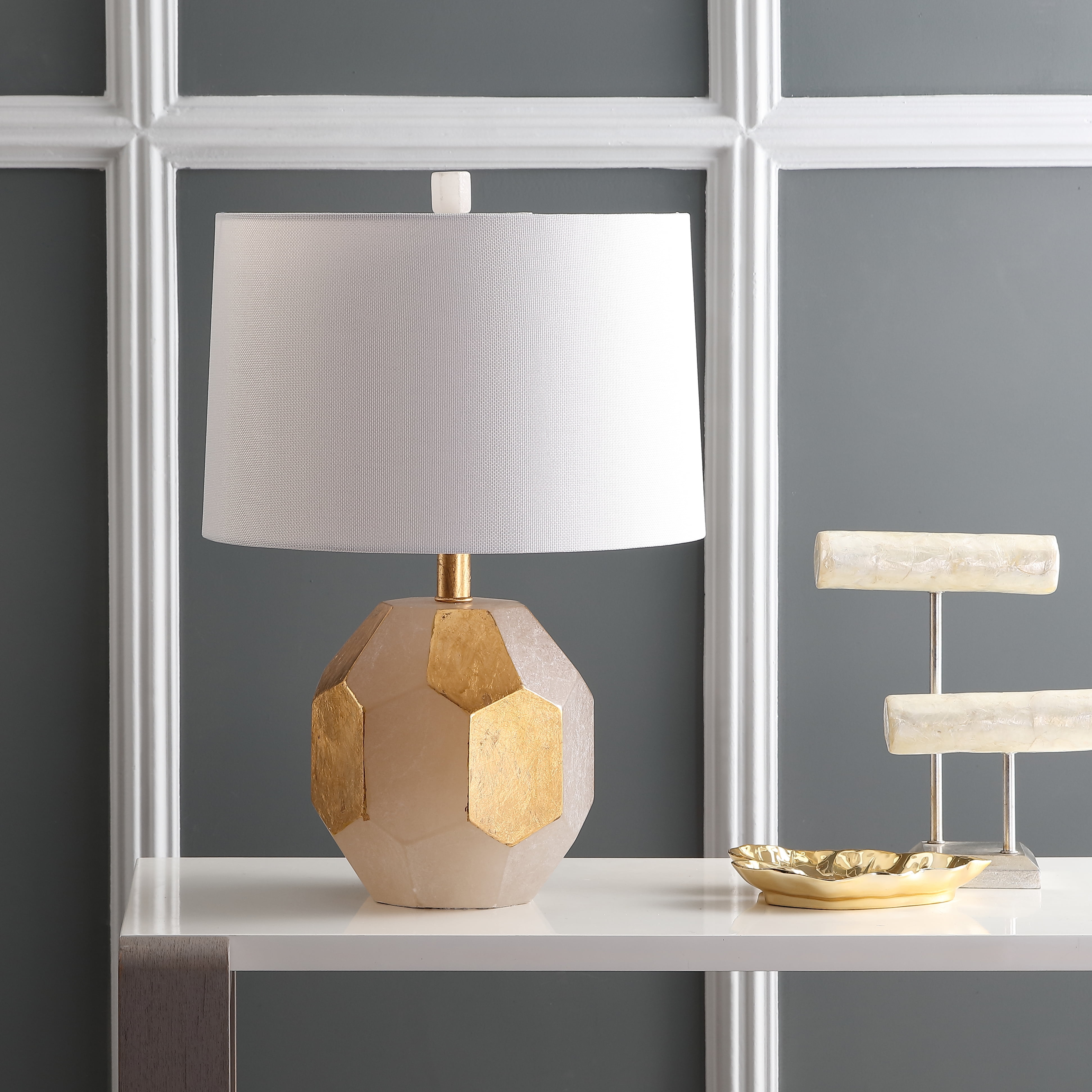 Alabaster Gold Leaf Geometric Table Lamp with White Cotton Shade