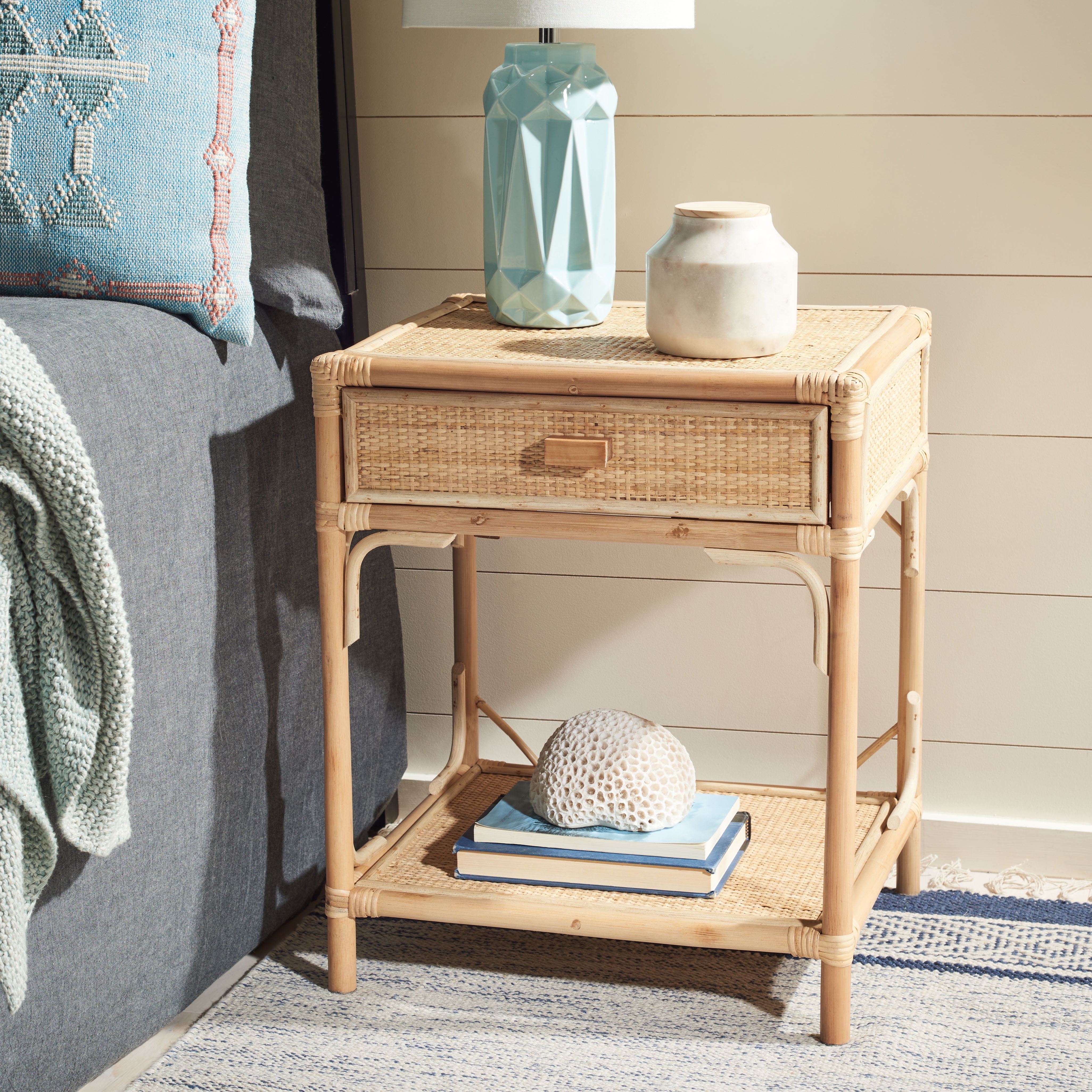 Natural Bamboo and Rattan 1-Drawer Nightstand with Shelf