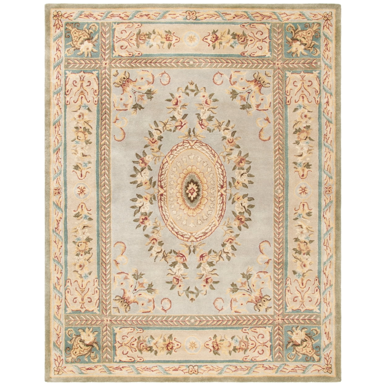 Ivory and Light Blue Handmade Wool Tufted Rug, 5' x 8'