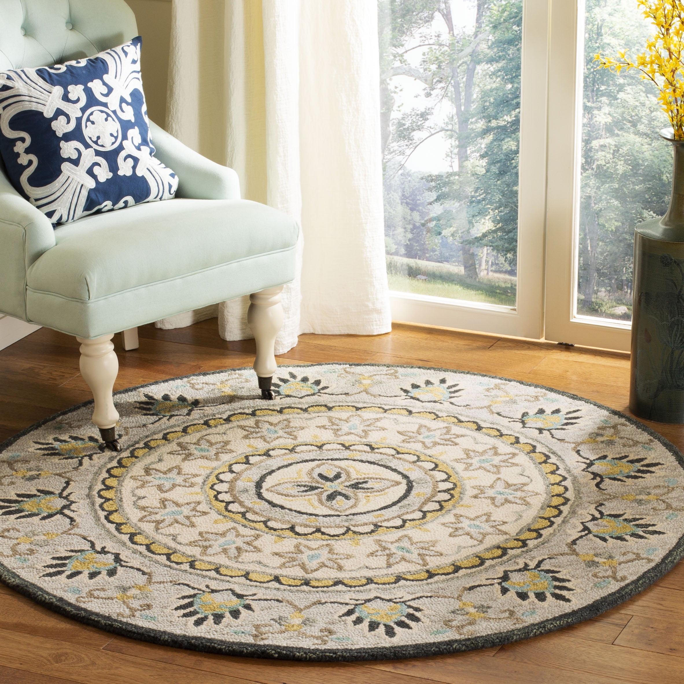 Sunshine Floral Tufted Round Wool Rug - 59 in Diameter