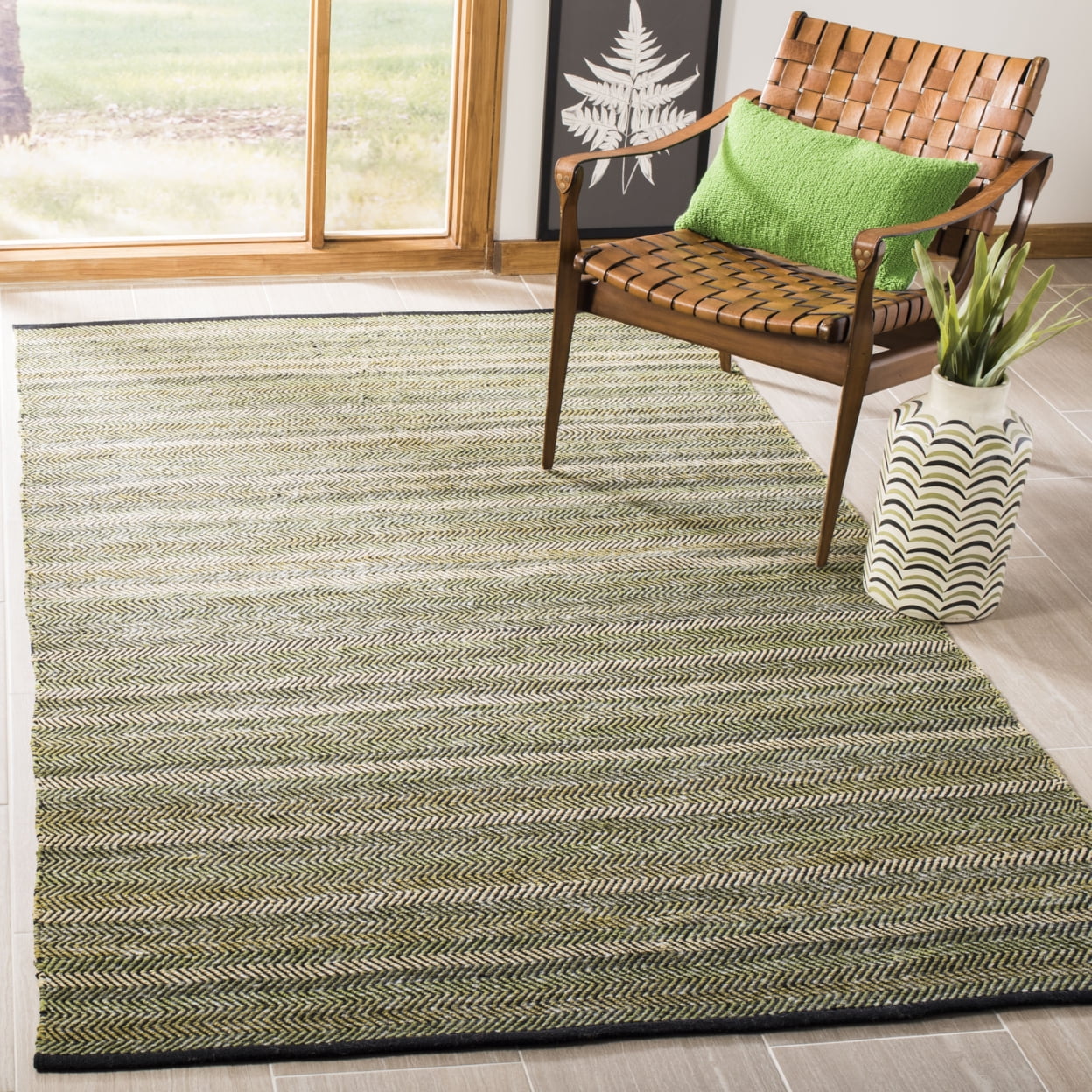 Green and Gray Striped Handwoven Wool Kilim Rug, 8' x 10'
