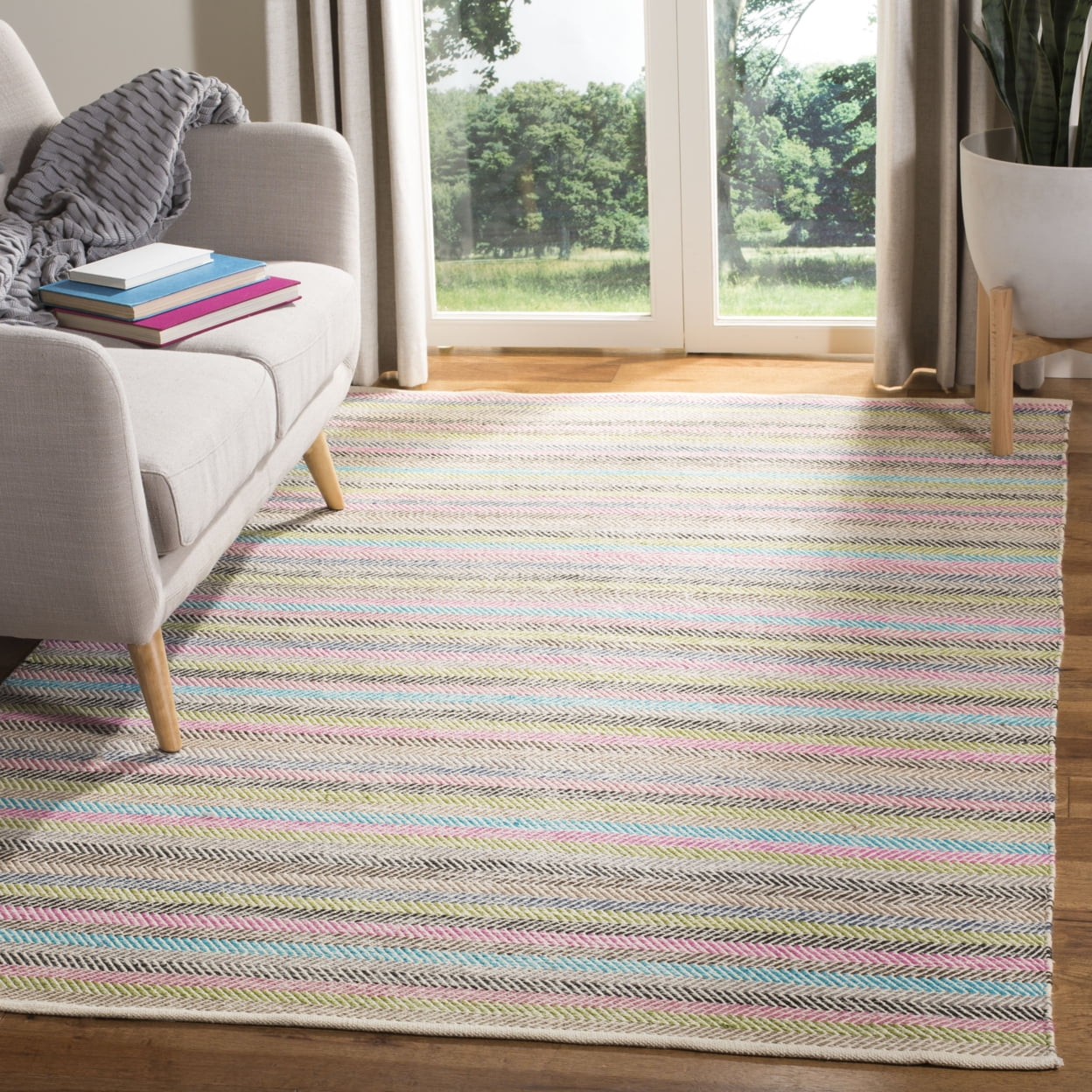 Gray and Multicolor Striped Wool Cotton Kilim Area Rug 5' x 8'