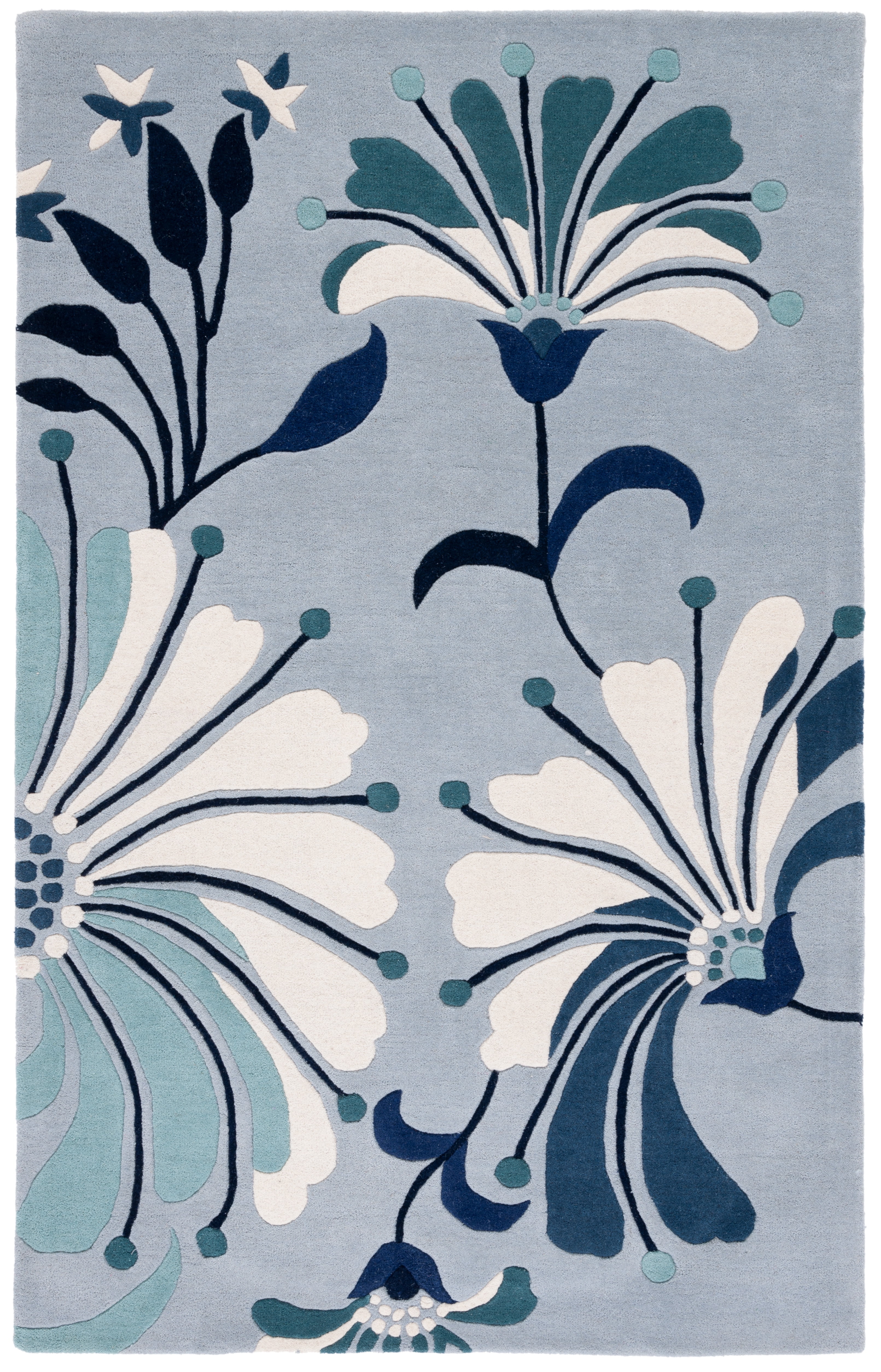 Blue and Ivory Floral Hand-Tufted Wool Area Rug