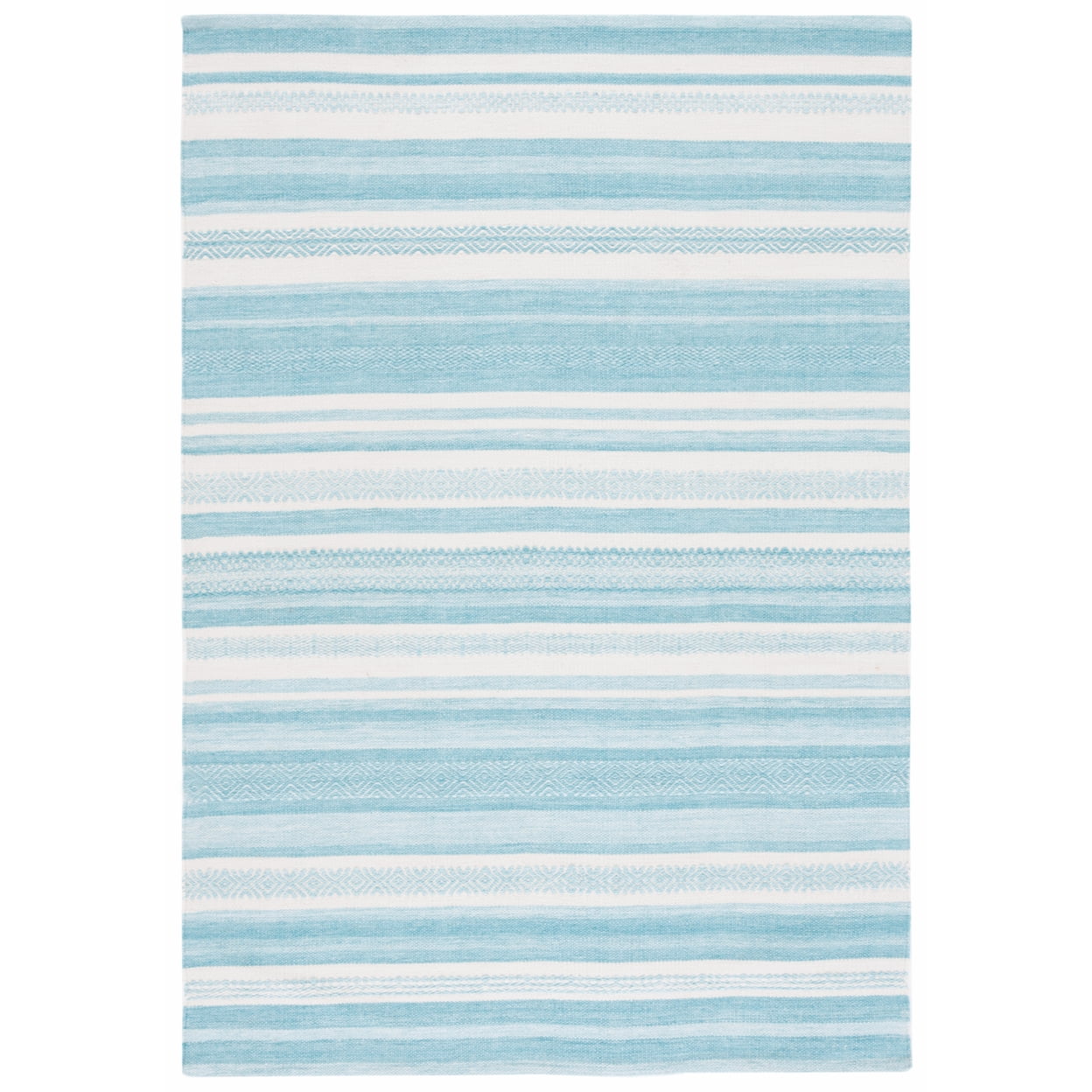 Ivory and Turquoise Striped Flat Woven Wool Rug, 5' x 8'
