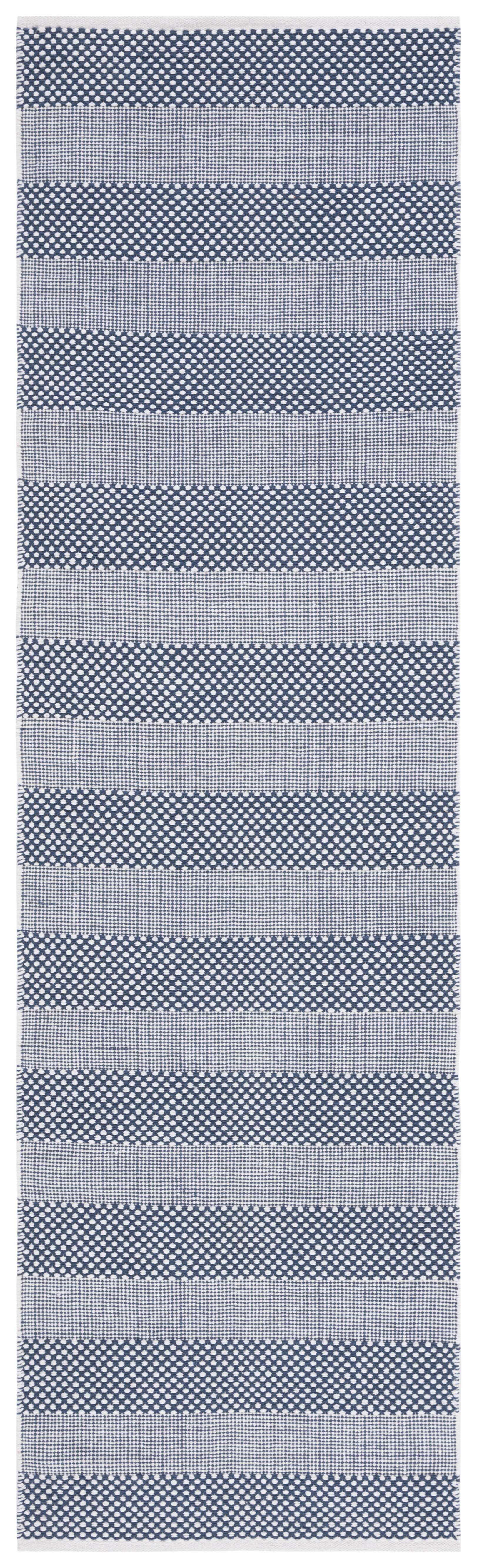 Ivory and Blue Striped Wool Flat Weave Runner Rug