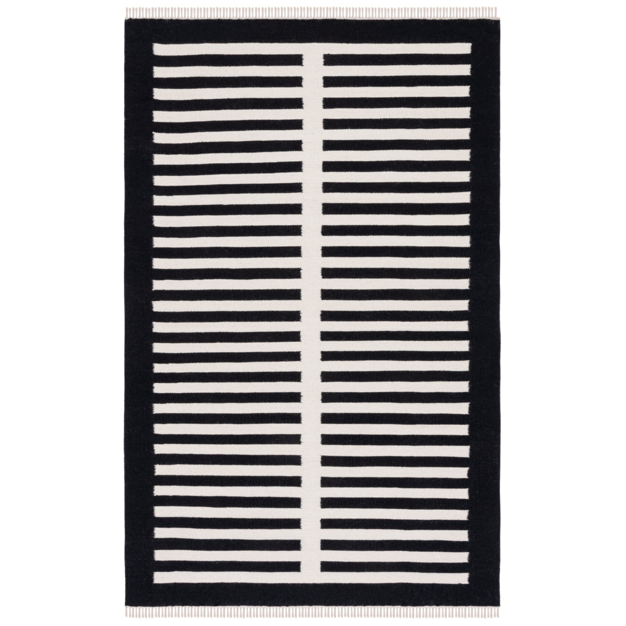 Black and Ivory Striped Wool 5' x 8' Flat Weave Rug