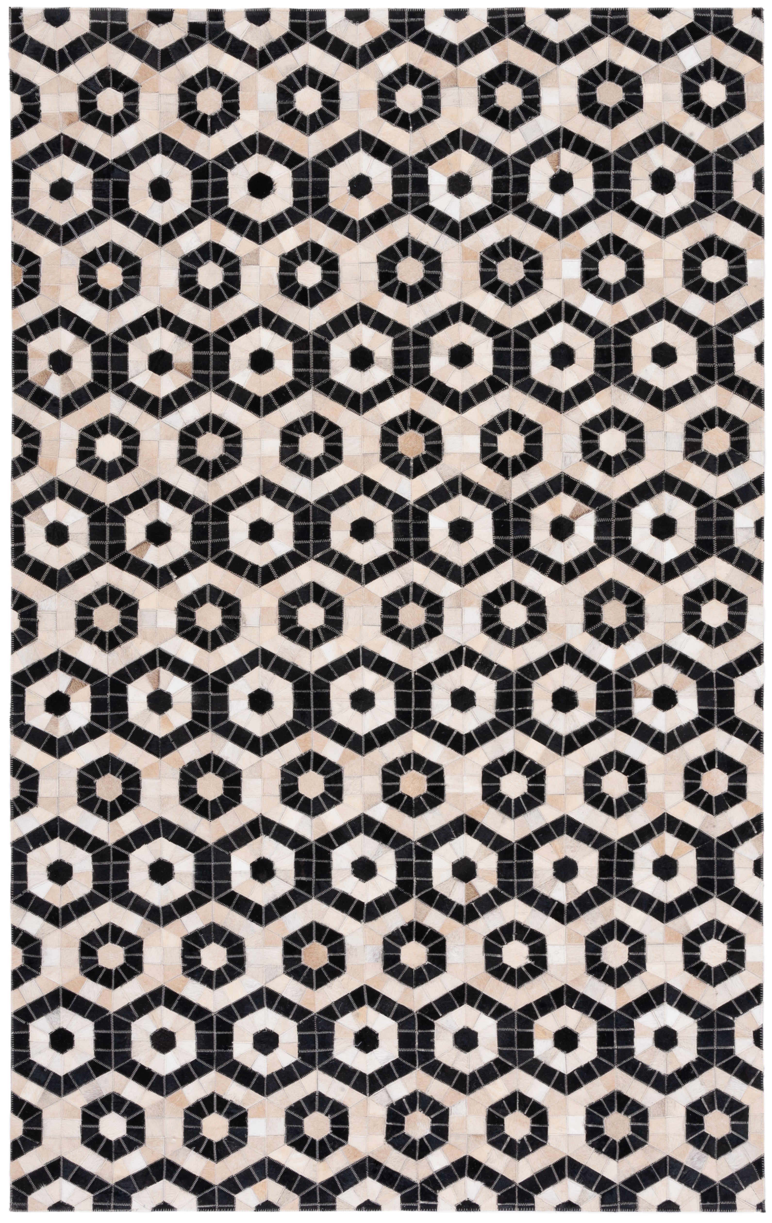 Handmade Black and Beige Geometric Cowhide Area Rug