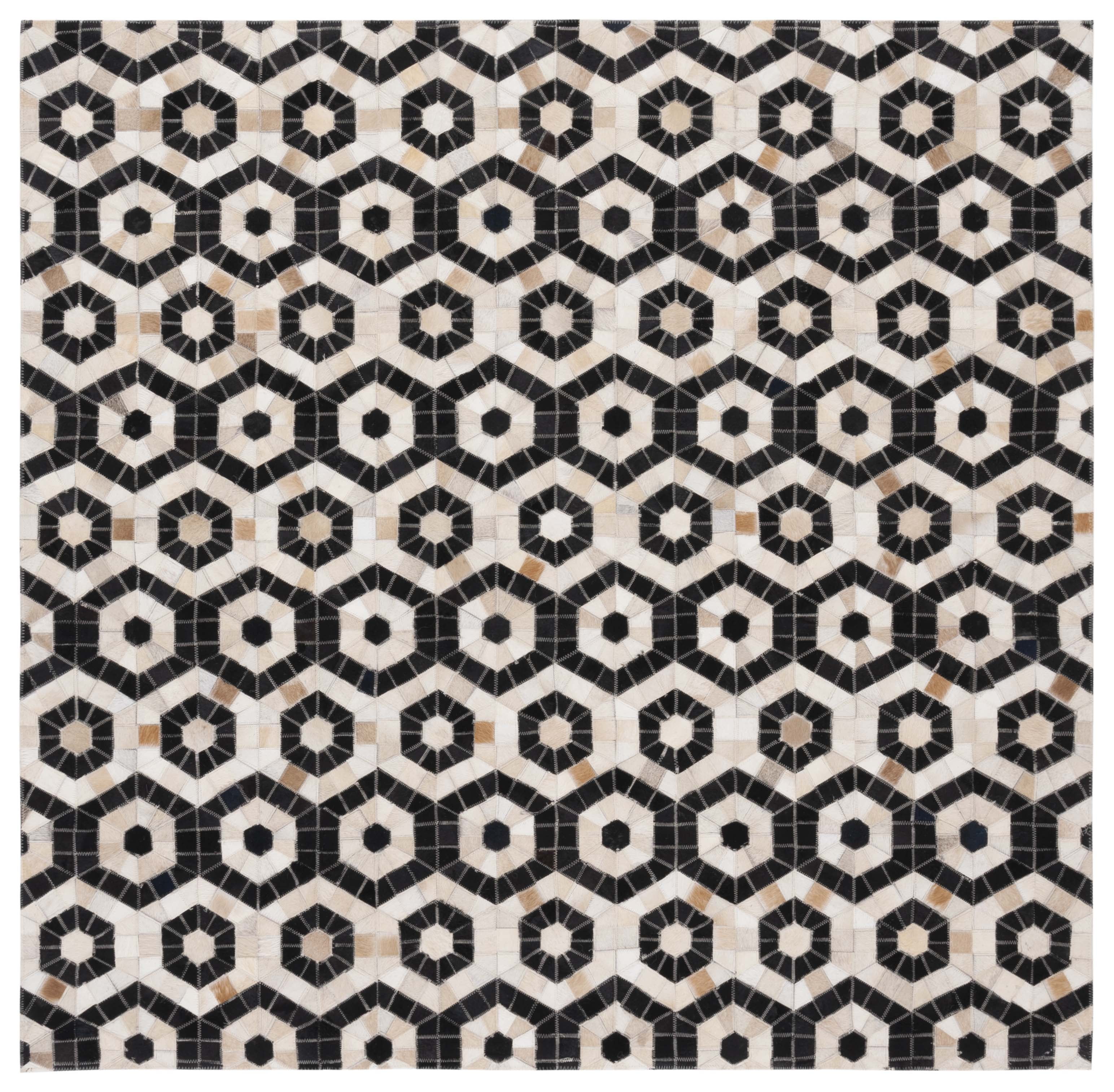 Handmade Black Geometric Cowhide Square Area Rug, 6'