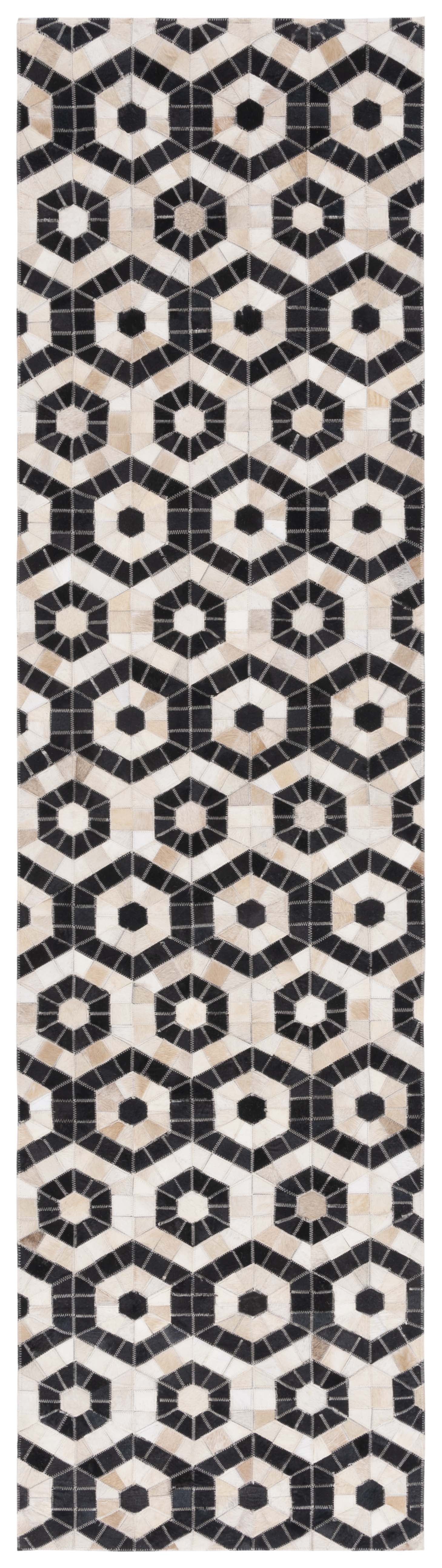 Handmade Black and Beige Geometric Cowhide Runner Rug
