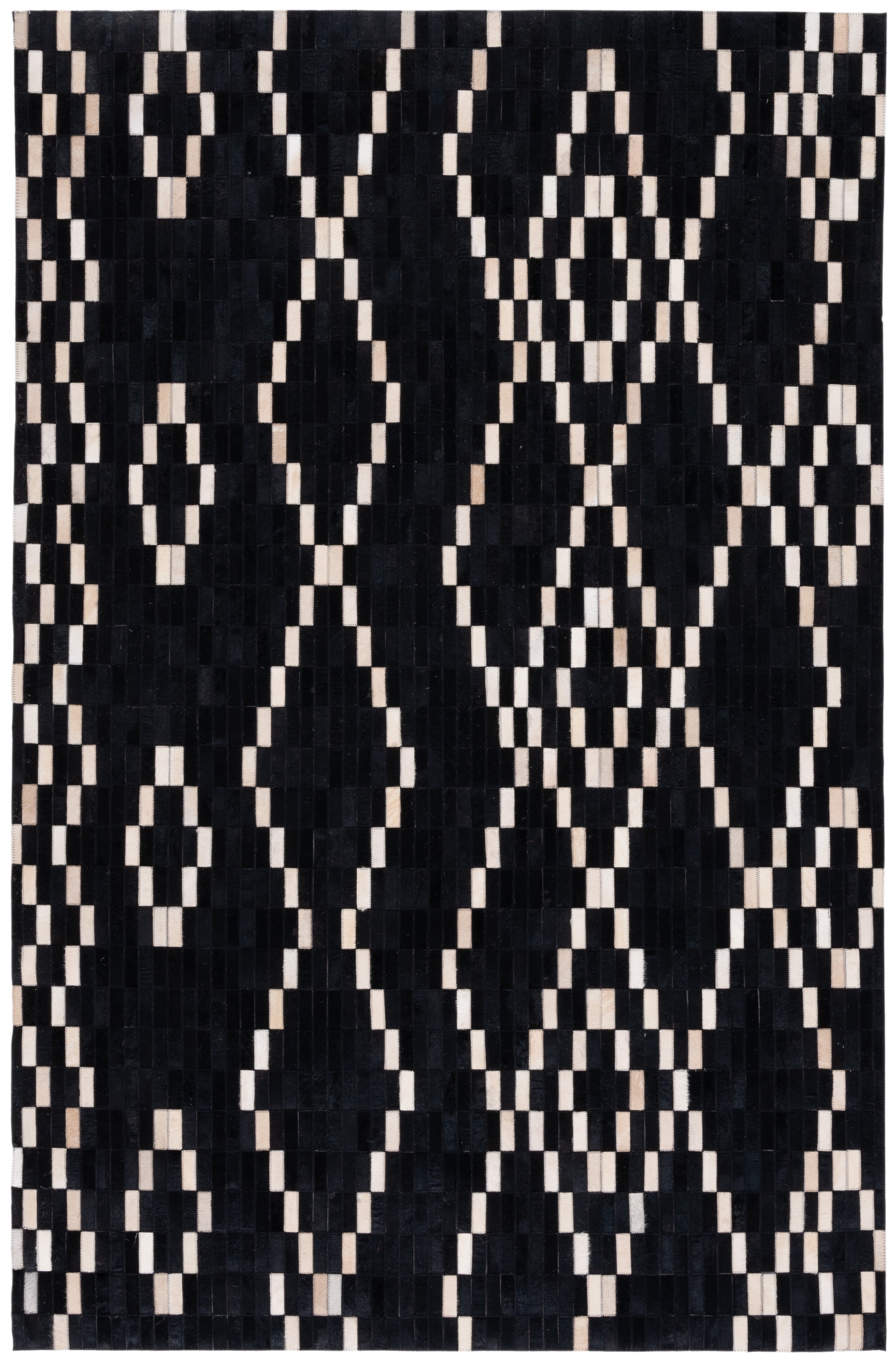 Black and Beige Handmade Geometric Cowhide Area Rug