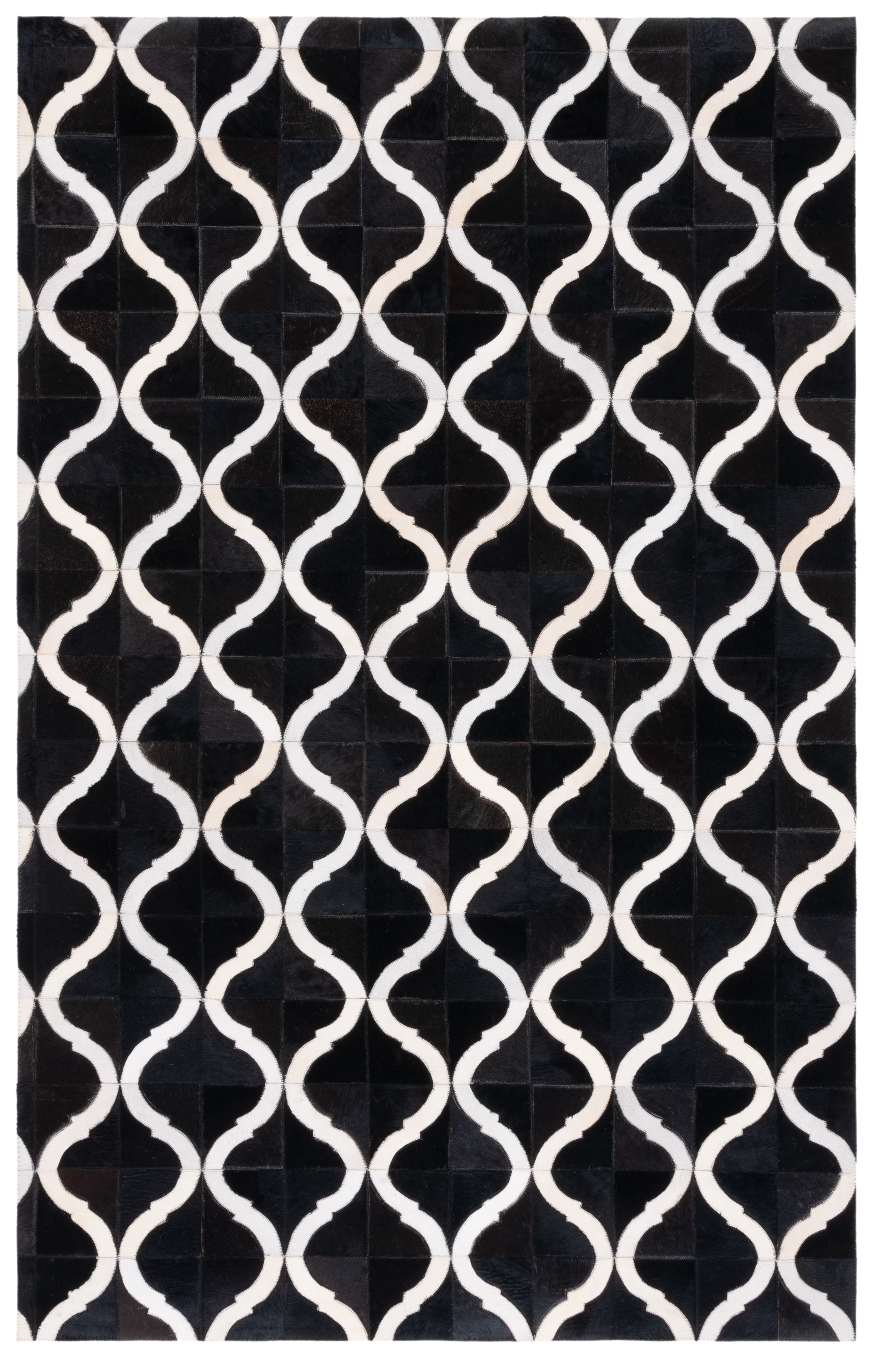 Hand-Knotted Black and Beige Geometric Cowhide Rug