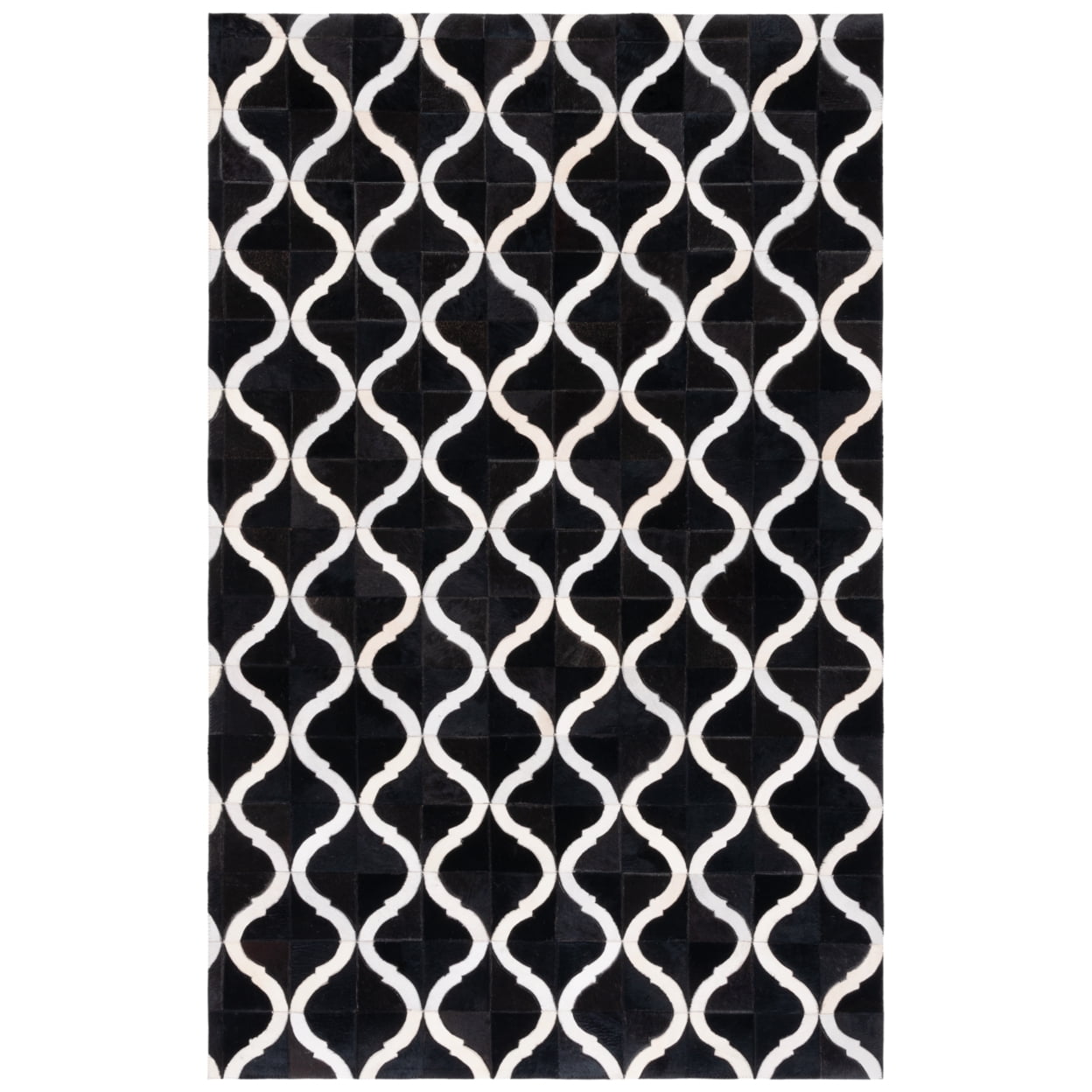Hand-Knotted Black and Beige Geometric Cowhide Rug