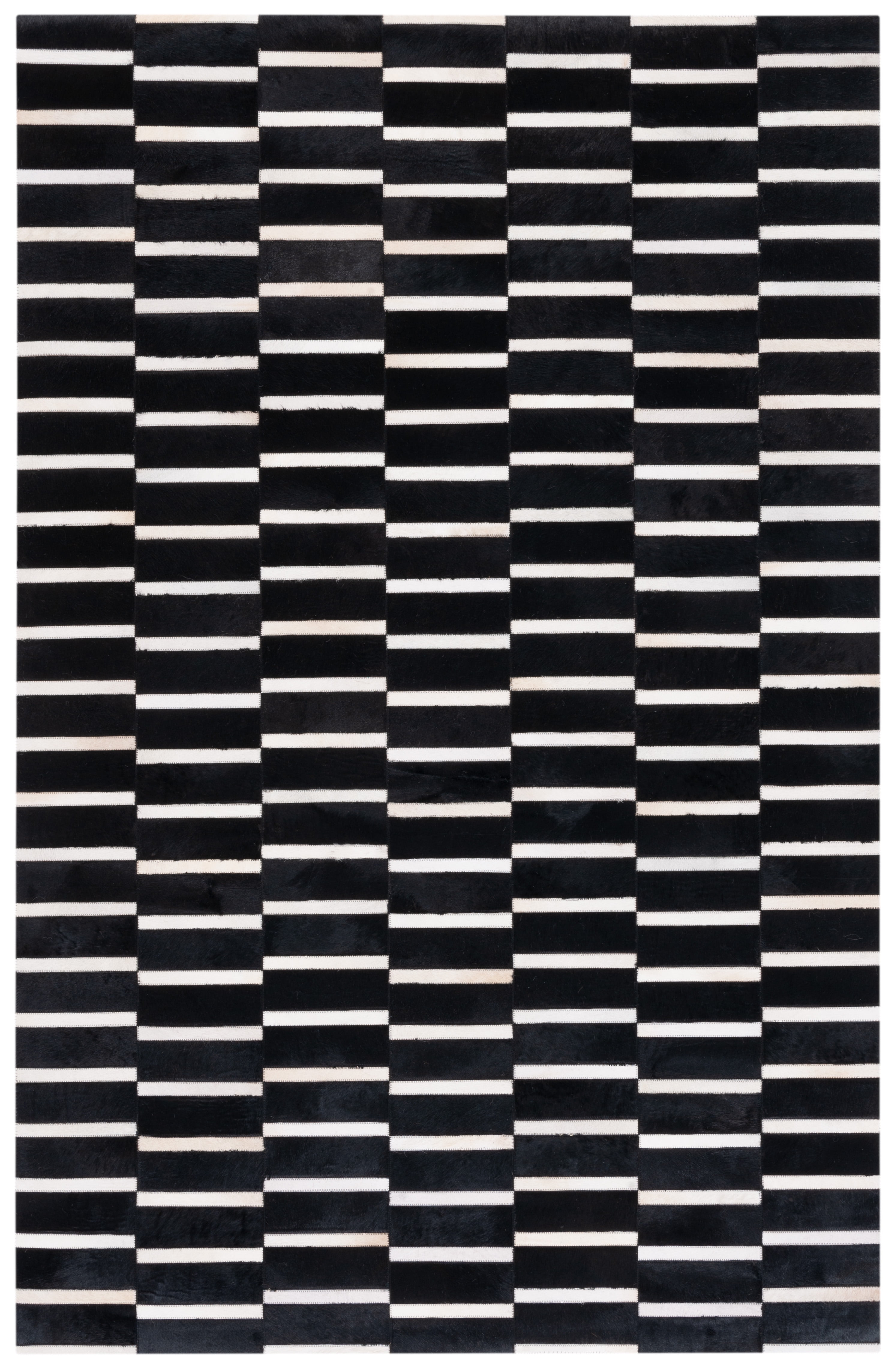 Hand-Knotted Black and Beige Geometric Cowhide Rug