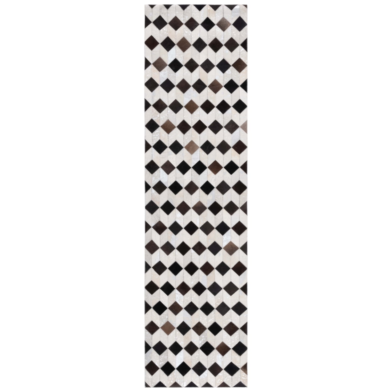 Handmade Black and Beige Geometric Wool Cowhide Runner Rug