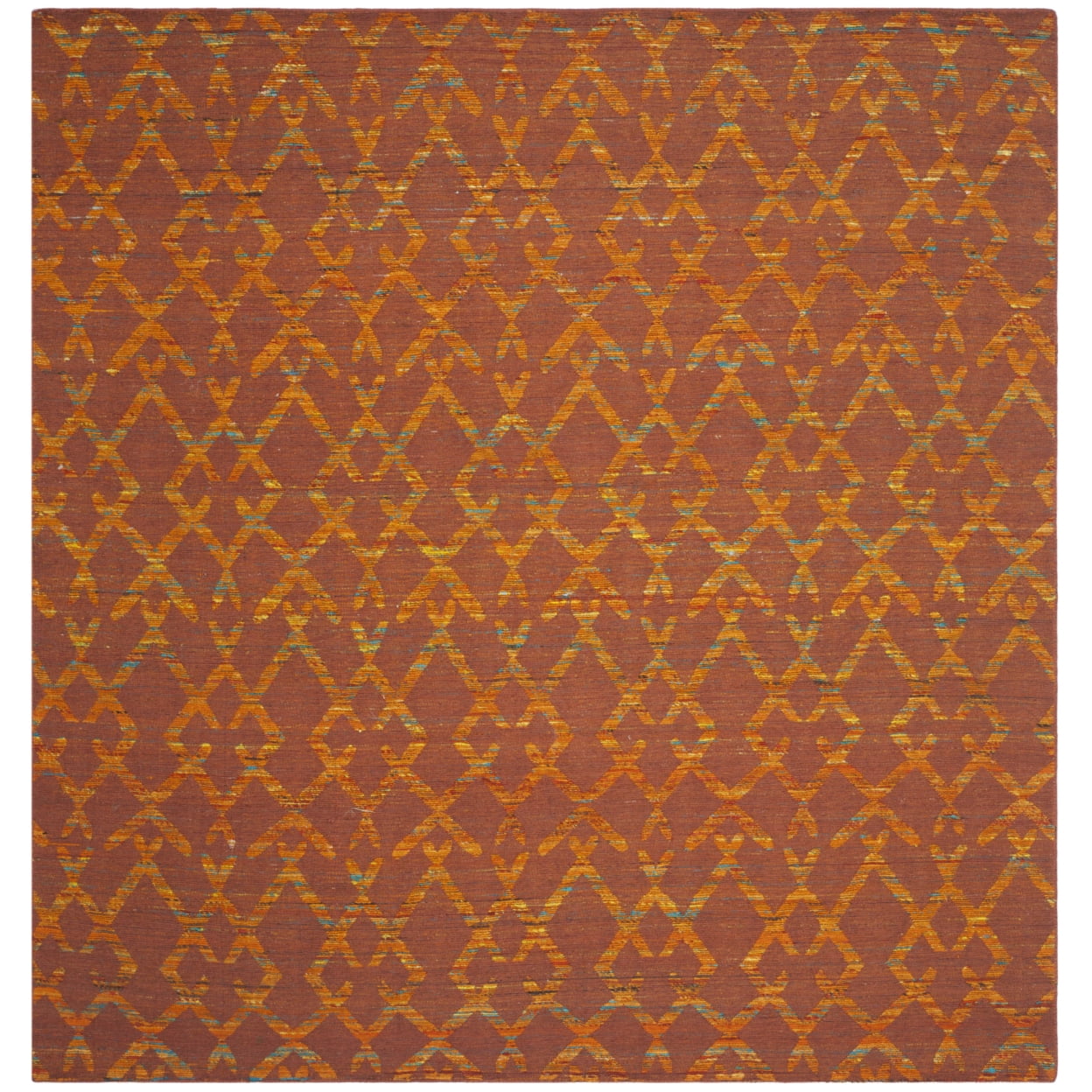 Rust and Gold Geometric Wool Flatweave Rug, 7' Square
