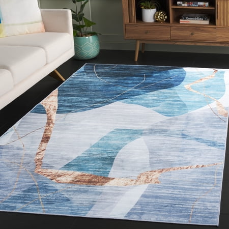 Safavieh Santa Monica Celestine Abstract Machine Washable Area Rug, Blue/Gold, 5' x 8'