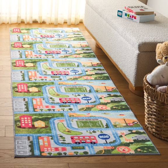 Safavieh Santa Monica Kids Colleen Geometric Machine Washable Runner Rug, Green/Gray, 2'6" x 8'