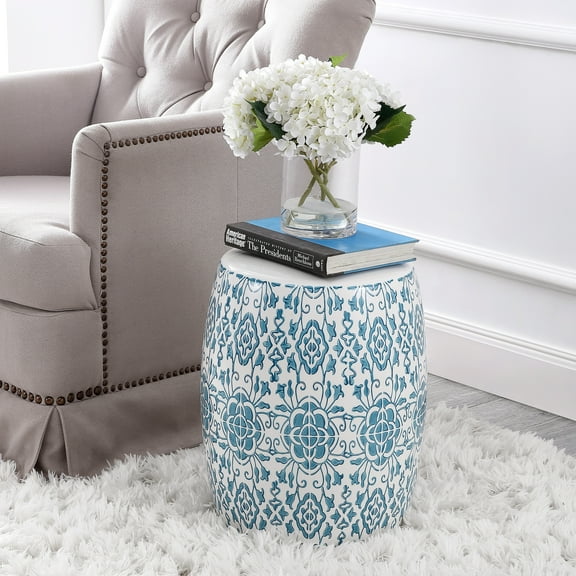 SAFAVIEH Sebryna 18" Modern Moroccan Ceramic Garden Stool, Blue/White