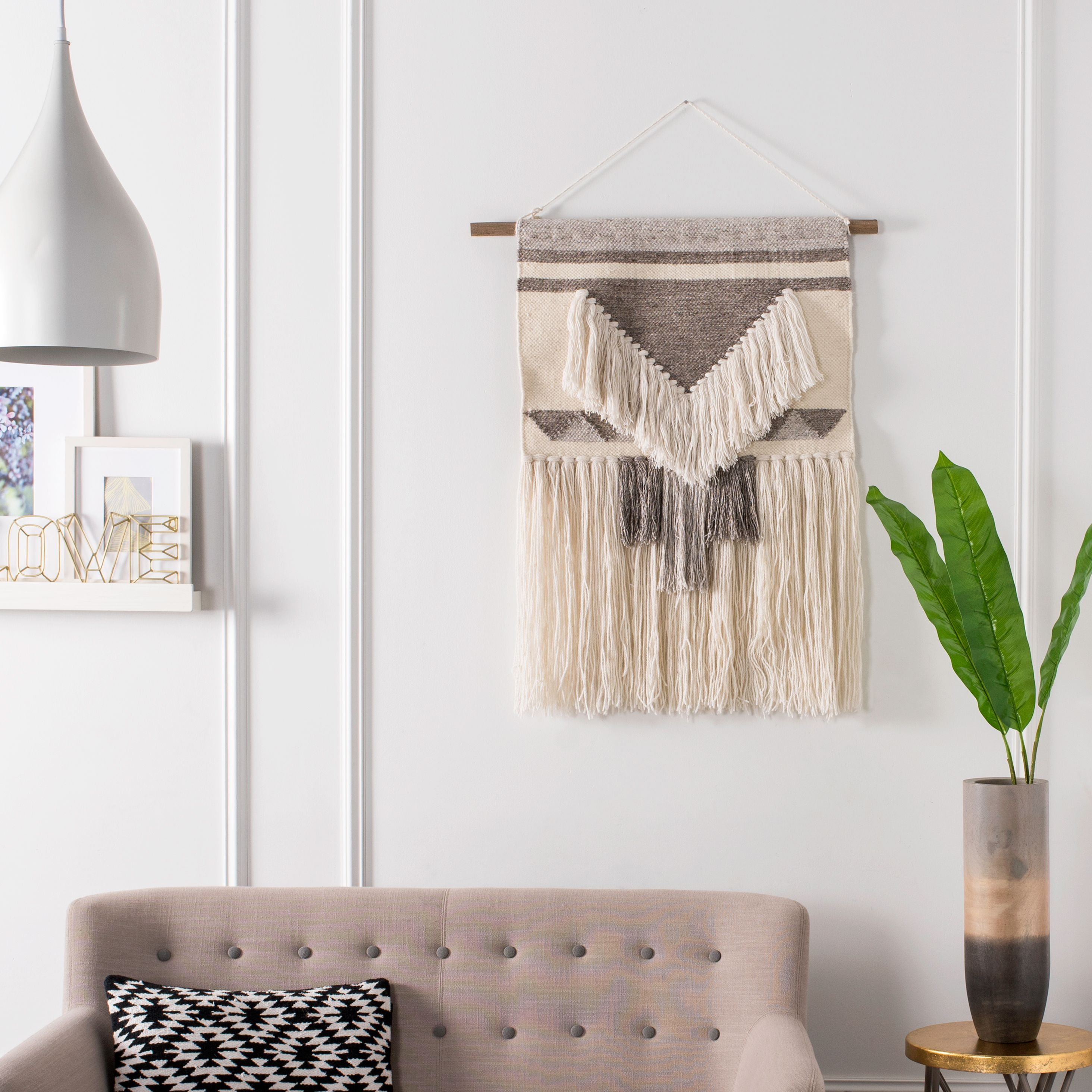 Ivory and Brown Wool Cotton Geometric Wall Tapestry
