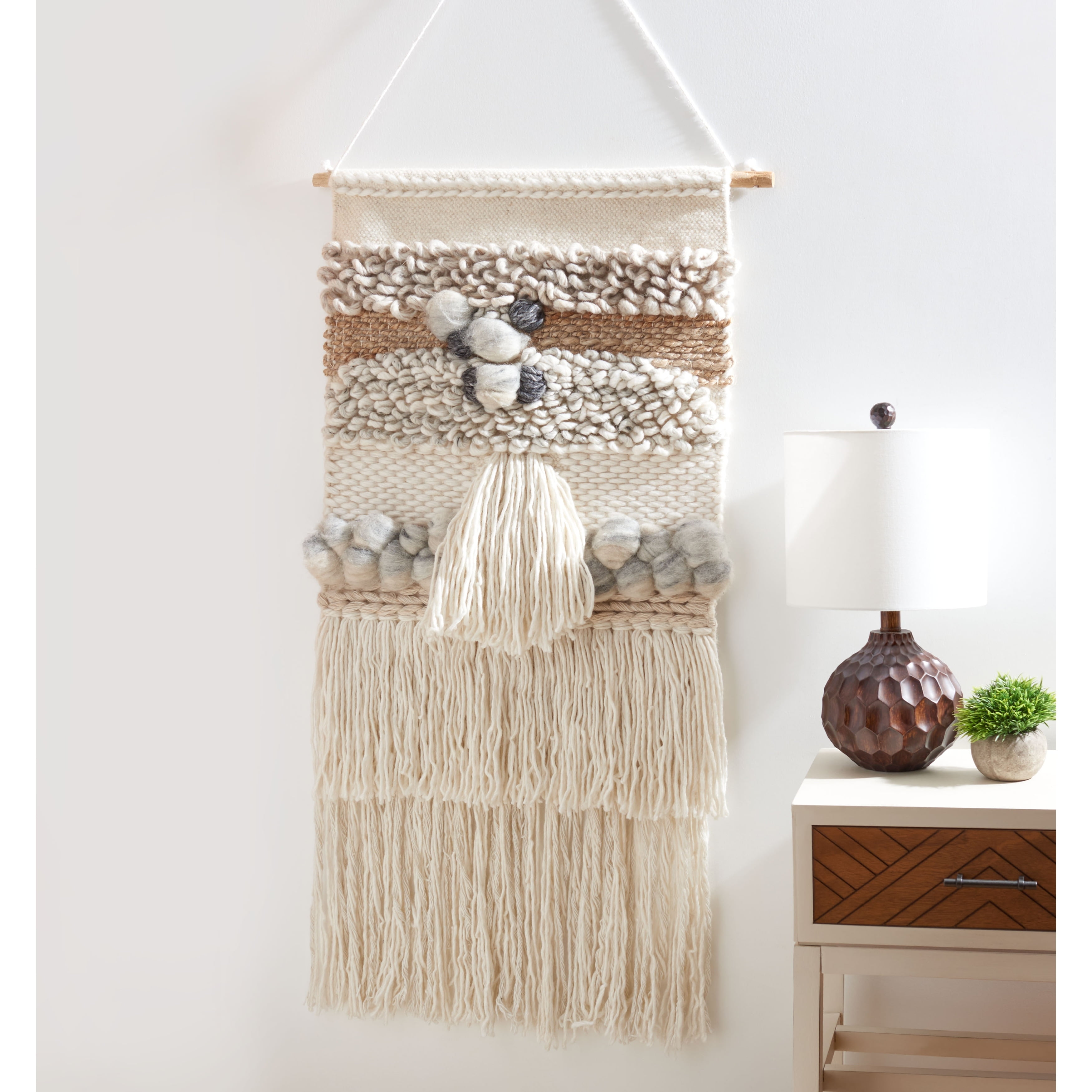Ivory and Gray Wool Southwestern Woven Wall Tapestry with Fringe