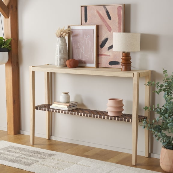 Safavieh Sigurd Scandinavian Wood and Leather Console Table, Cognac/Natural