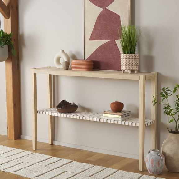 Safavieh Sigurd Scandinavian Wood and Leather Console Table, White/Natural