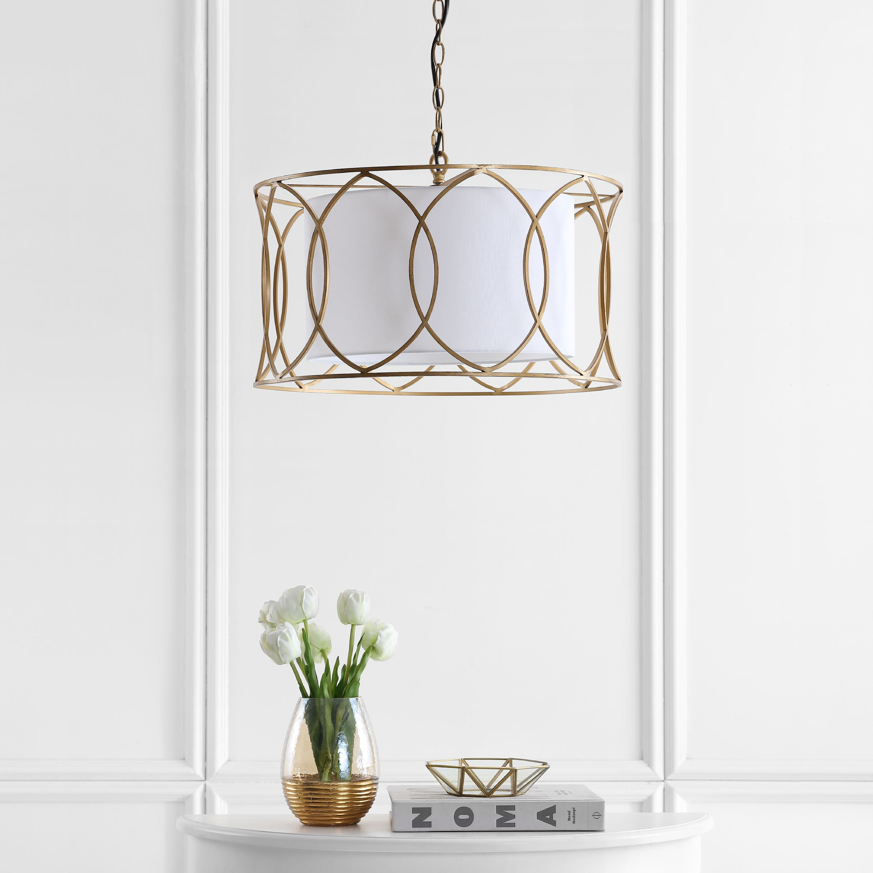 Silas Gold Drum Pendant Lamp with Off-White Shade - 21.5" Diameter