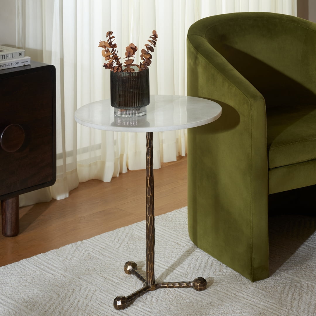 Safavieh Sizia Round Metal and Marble Coastal End Table, White/Antique Brass