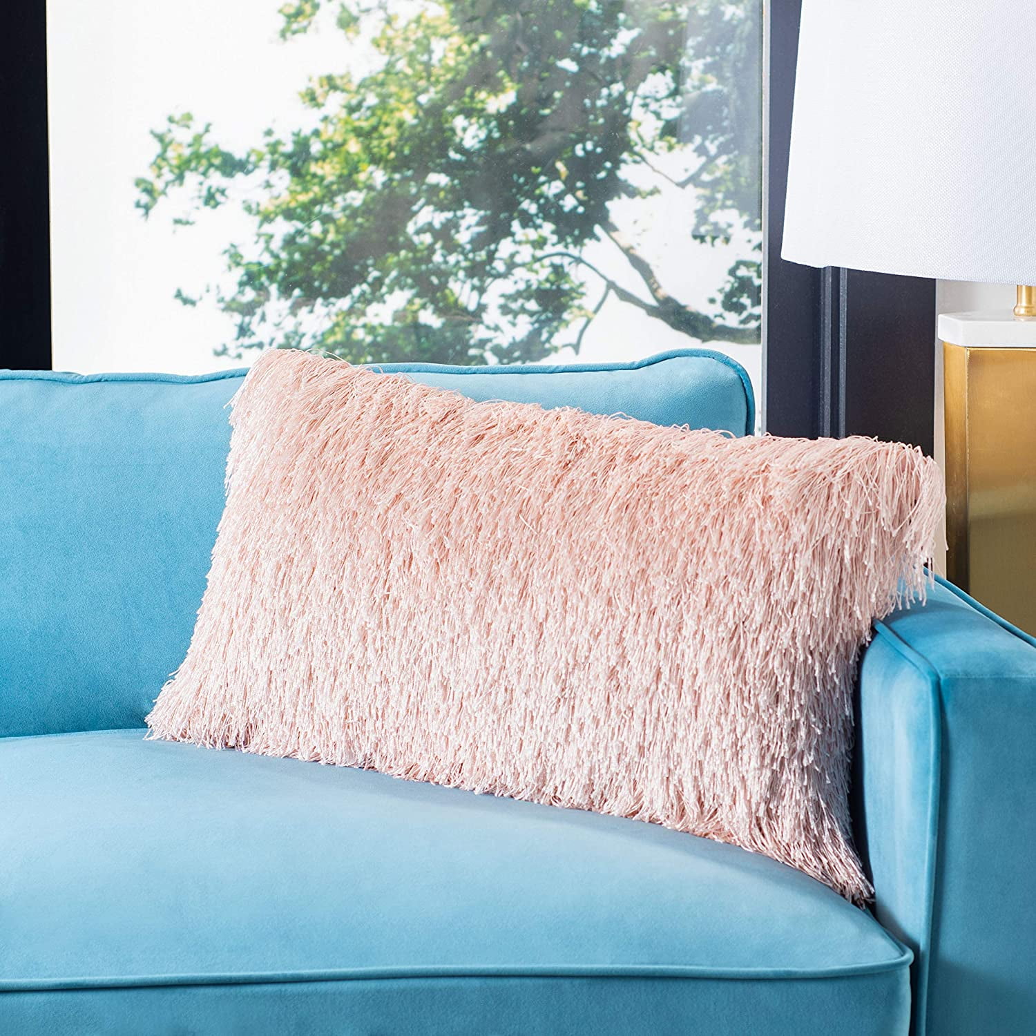 Blush Pink Shag Rectangular Throw Pillow