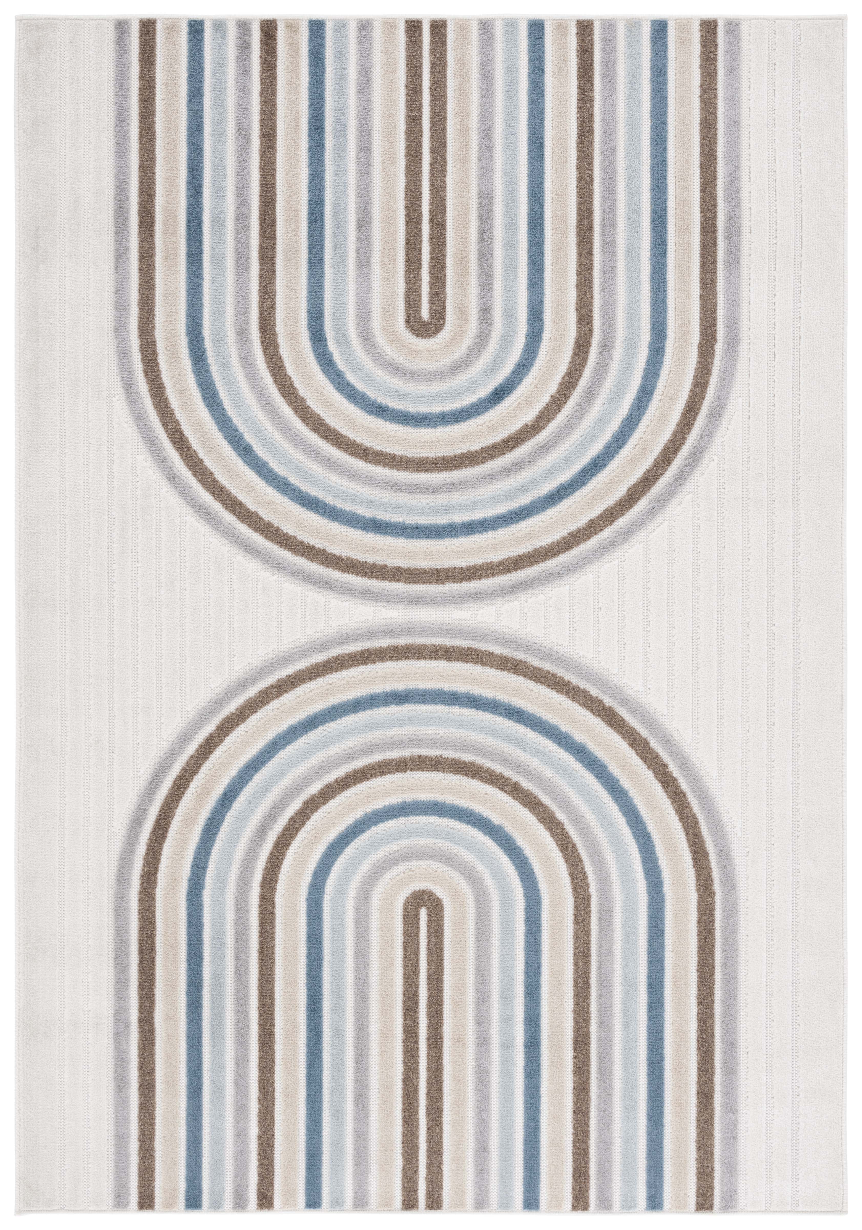 Ivory and Brown Blue Geometric Synthetic Indoor/Outdoor Area Rug, 5'2" x 7'6"