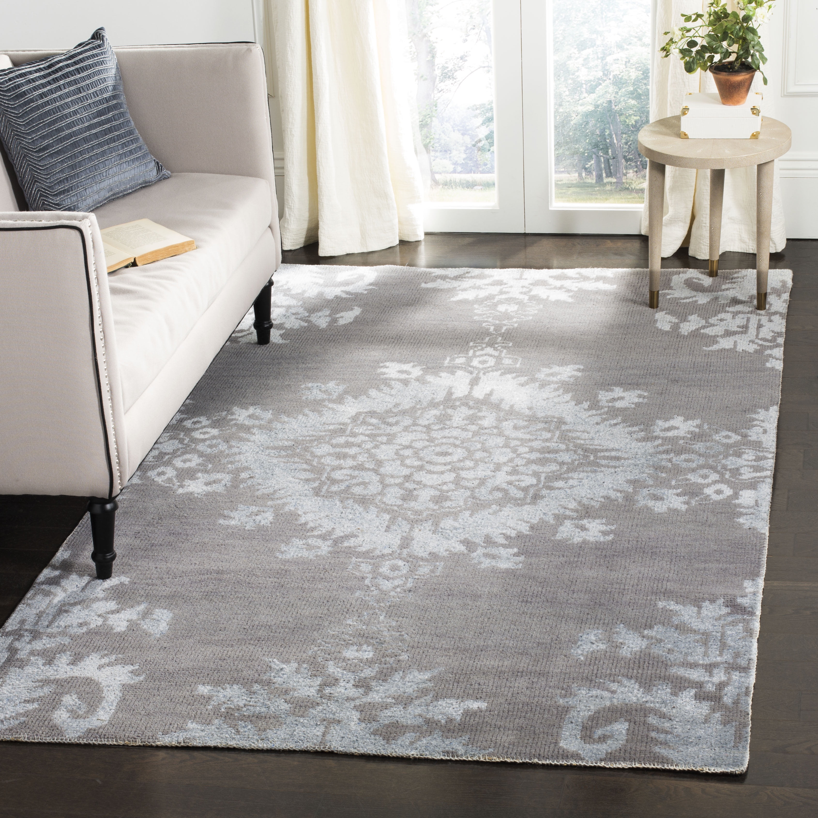 Gray Hand-Knotted Wool and Silk Small Rug