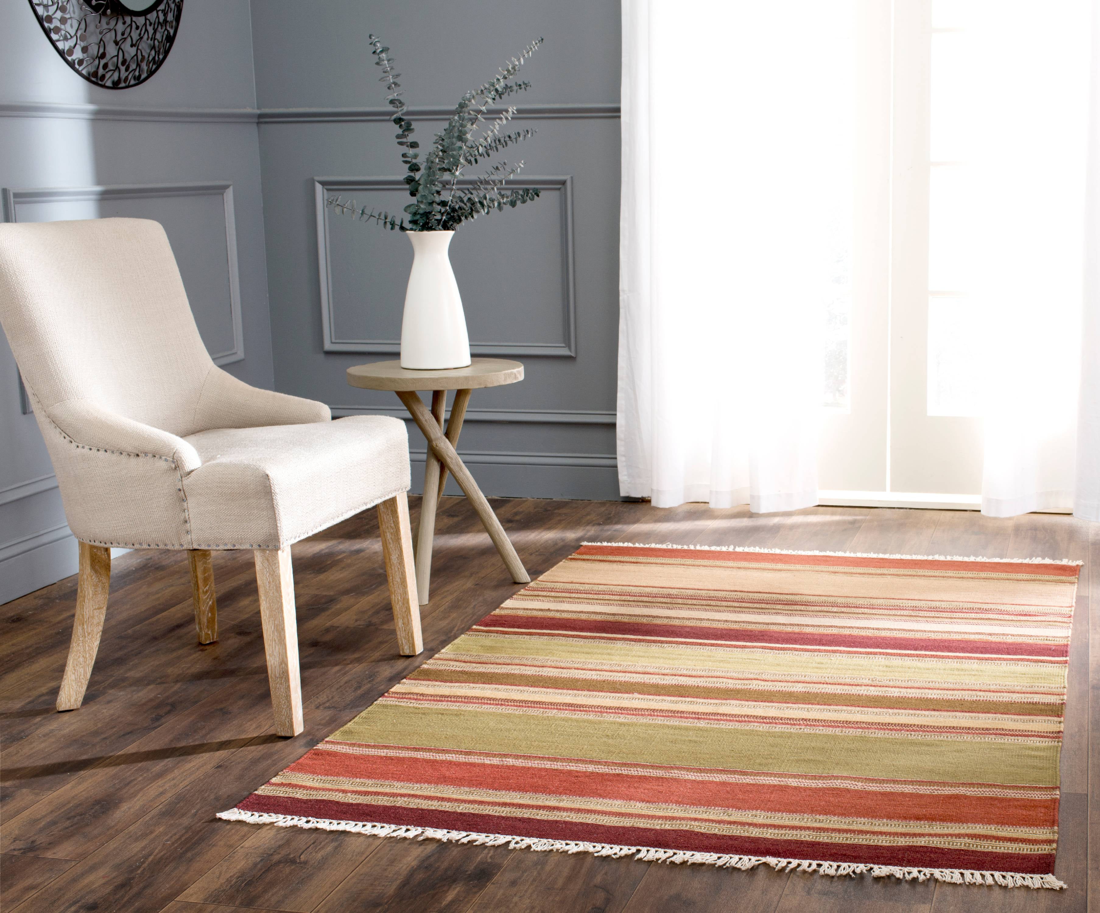 Handmade Red and Beige Striped Wool Area Rug