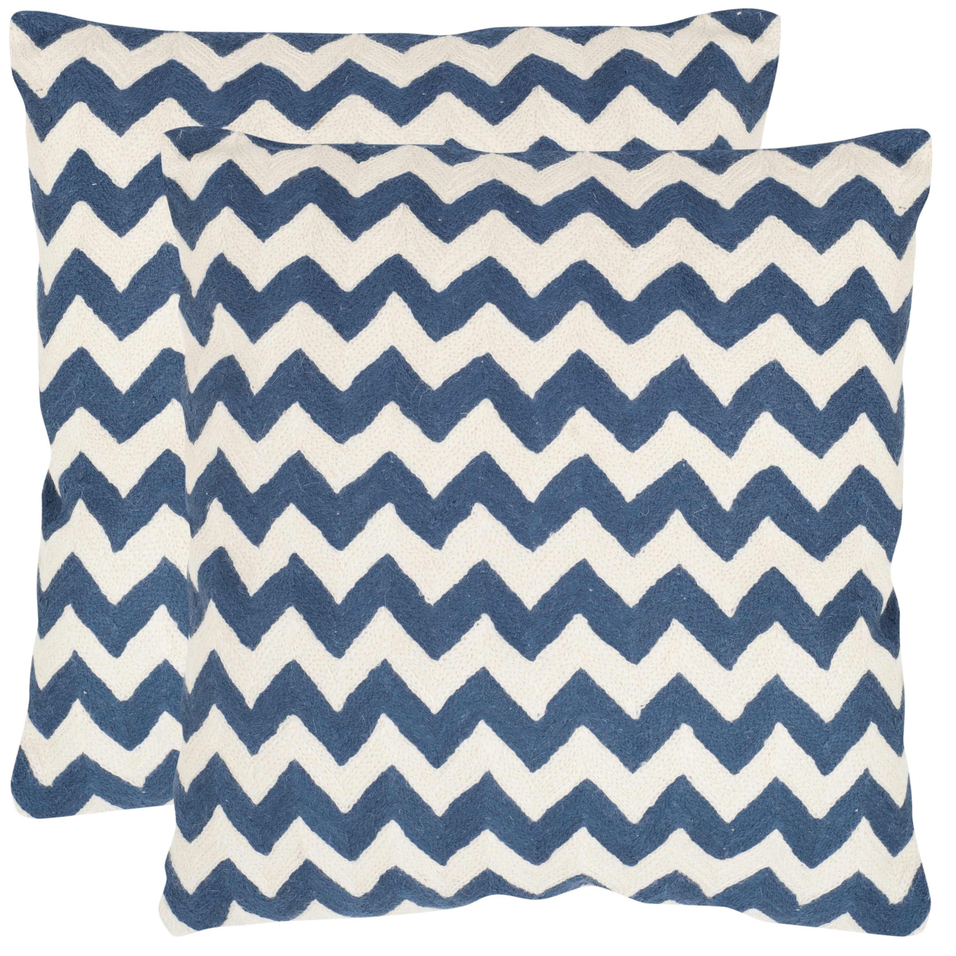 Navy Blue and White Embroidered Cotton Canvas Square Pillow Set
