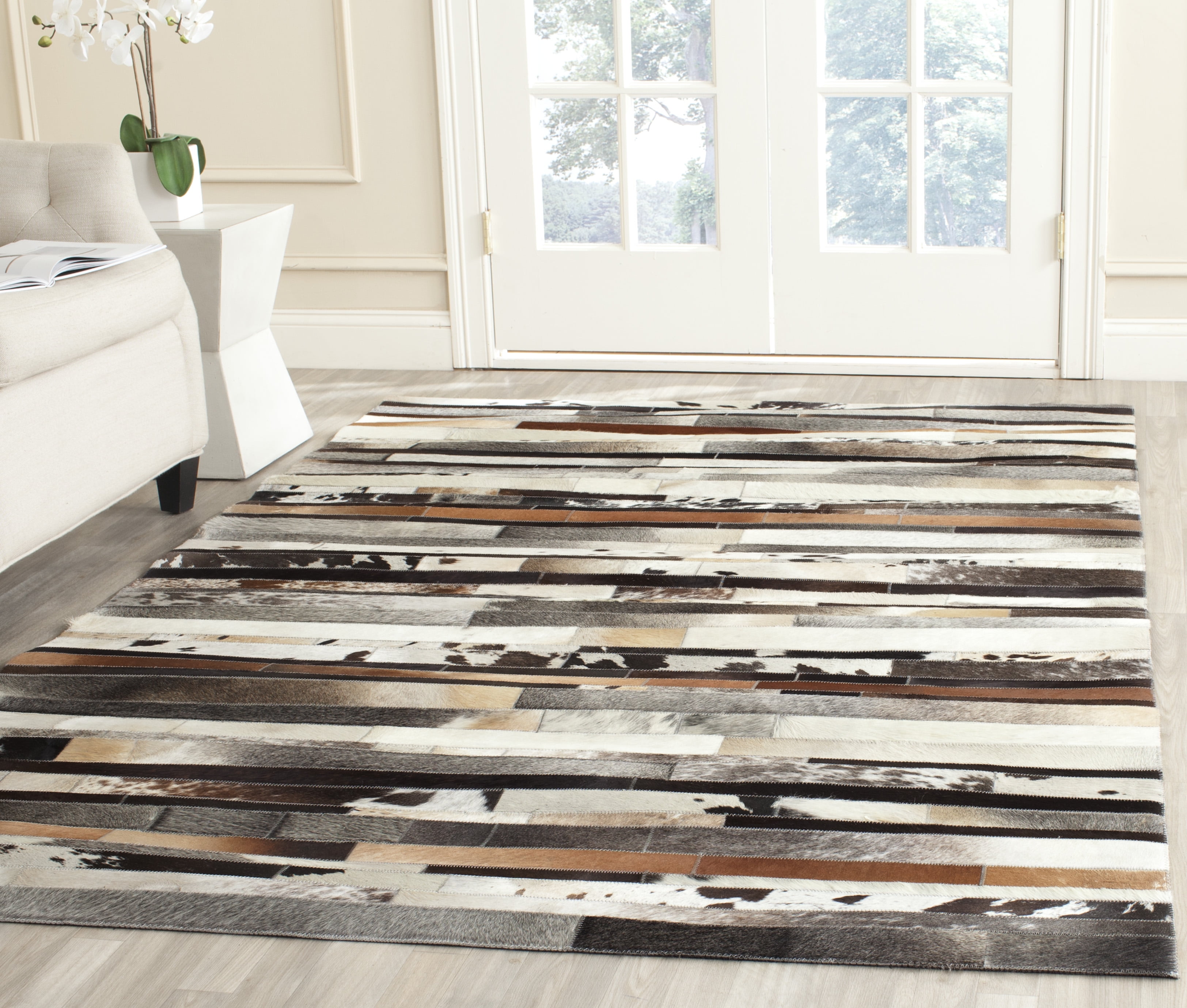 Ivory and Brown Handmade Geometric Cowhide Area Rug