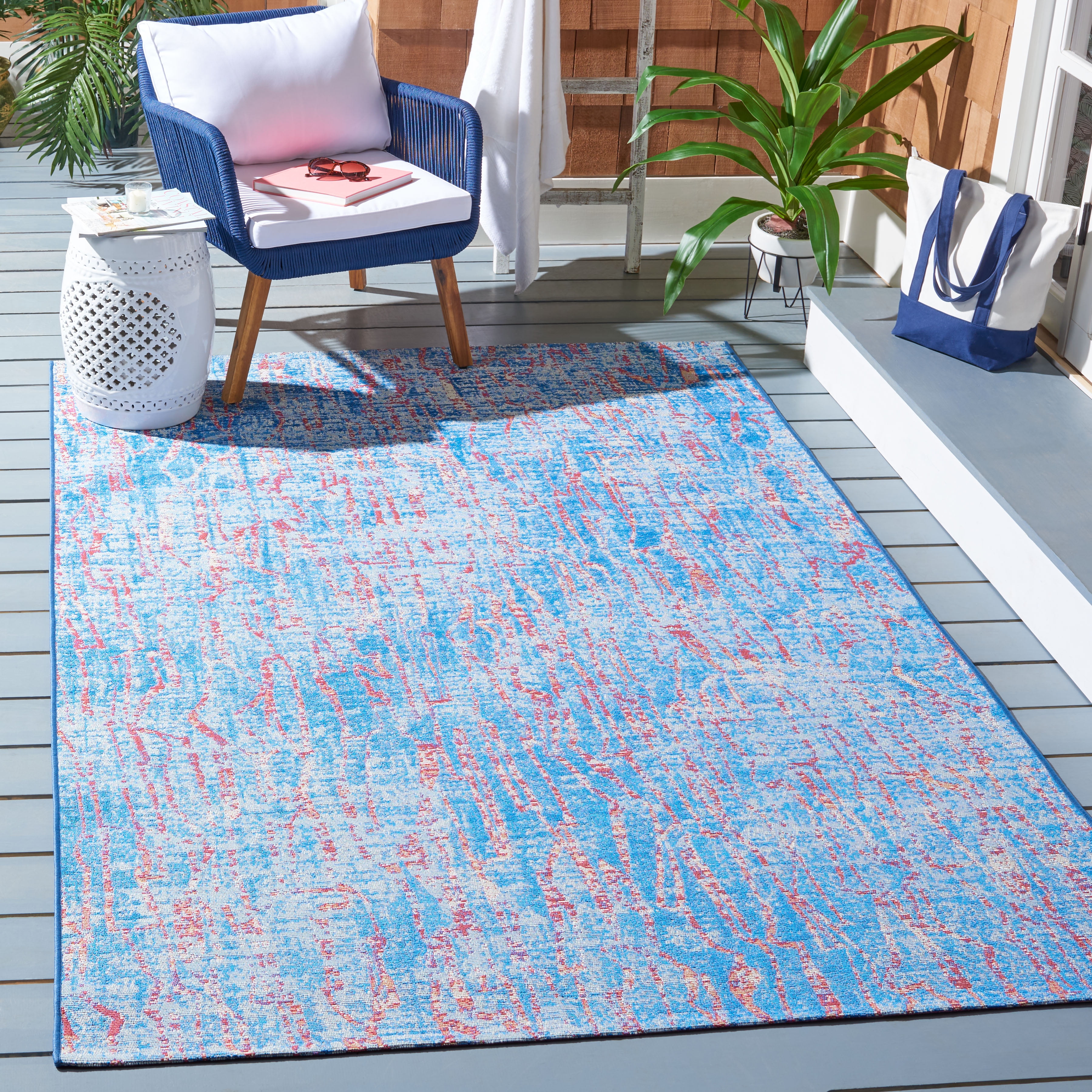 Blue and Red Abstract Synthetic Rectangular 8' x 10' Area Rug