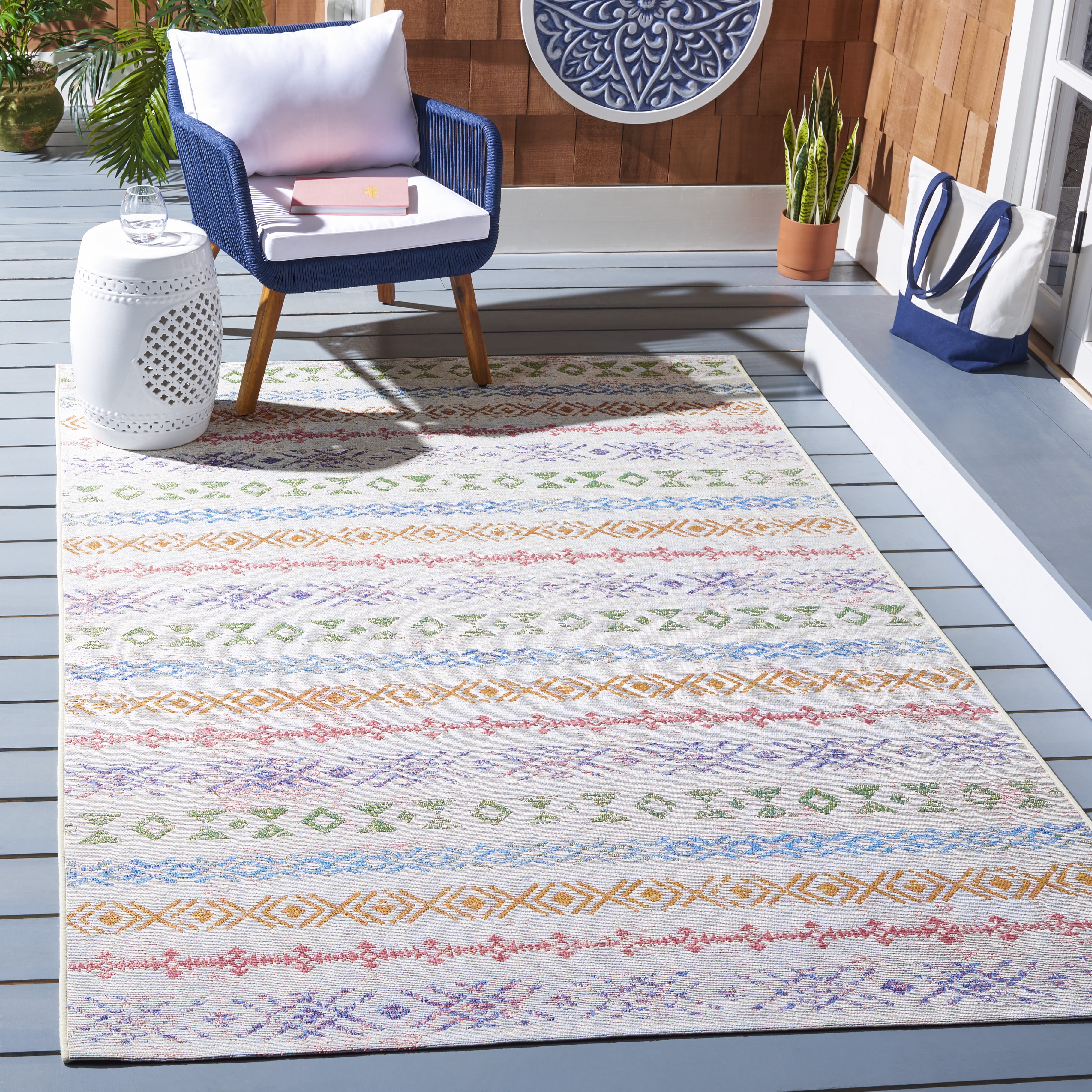 Ivory and Blue Square Washable Synthetic Area Rug