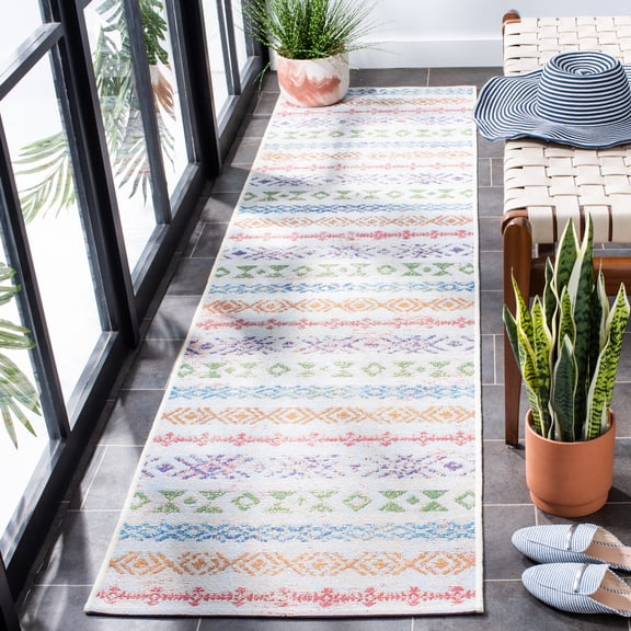 Safavieh Summer Joella Outdoor Geometric Striped Runner, Ivory/Blue, 2' x 8'