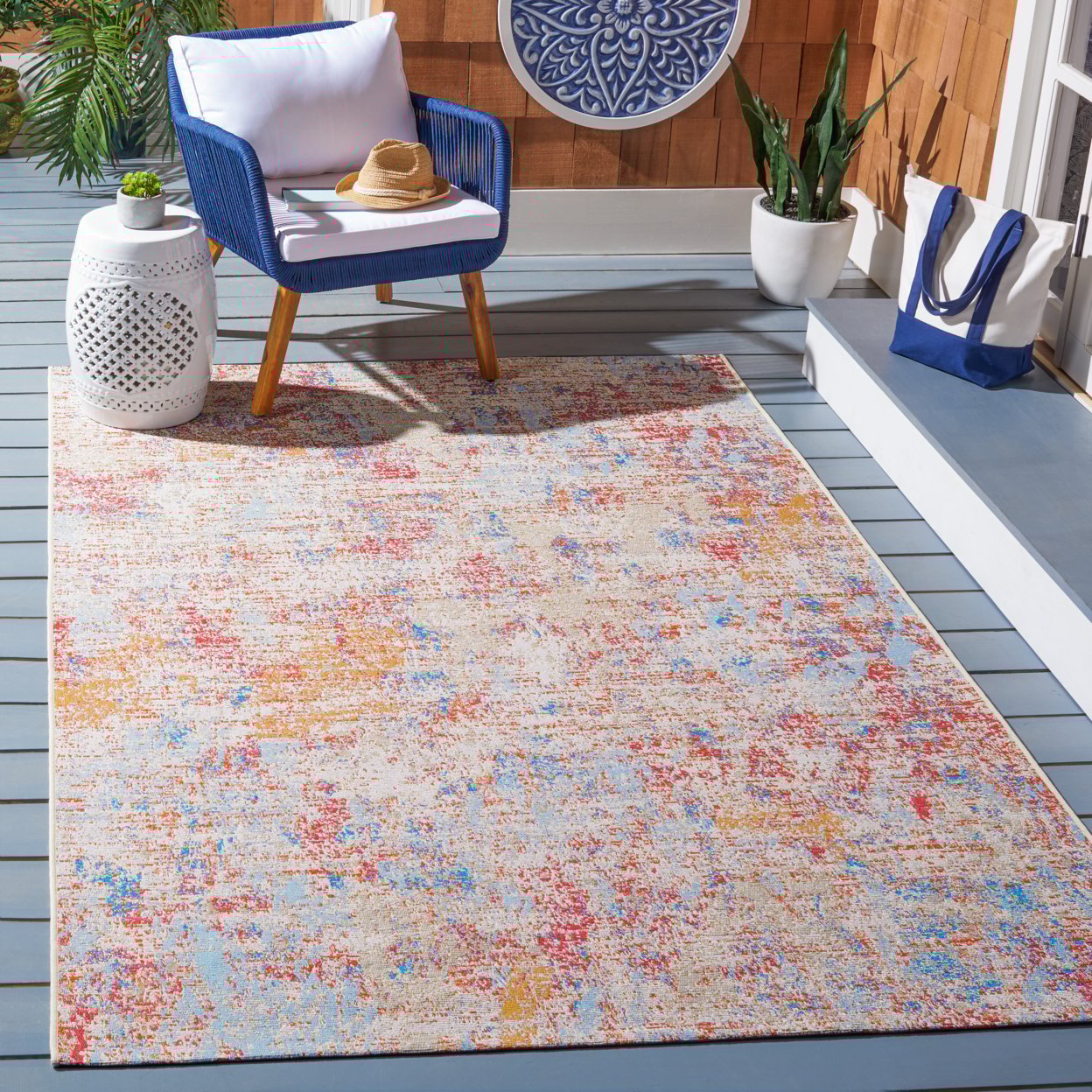 Ladonna Ivory & Light Blue Stain-Resistant Outdoor Rug