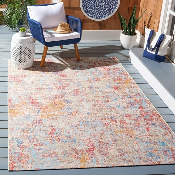 Safavieh Summer Ladonna Outdoor Abstract Distressed Area Rug, Ivory/Light Blue, 6'7" x 6'7" Square