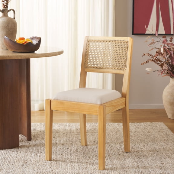 Safavieh Suzetta Scandinavian Wood and Rattan Dining Side Chairs, Natural / White