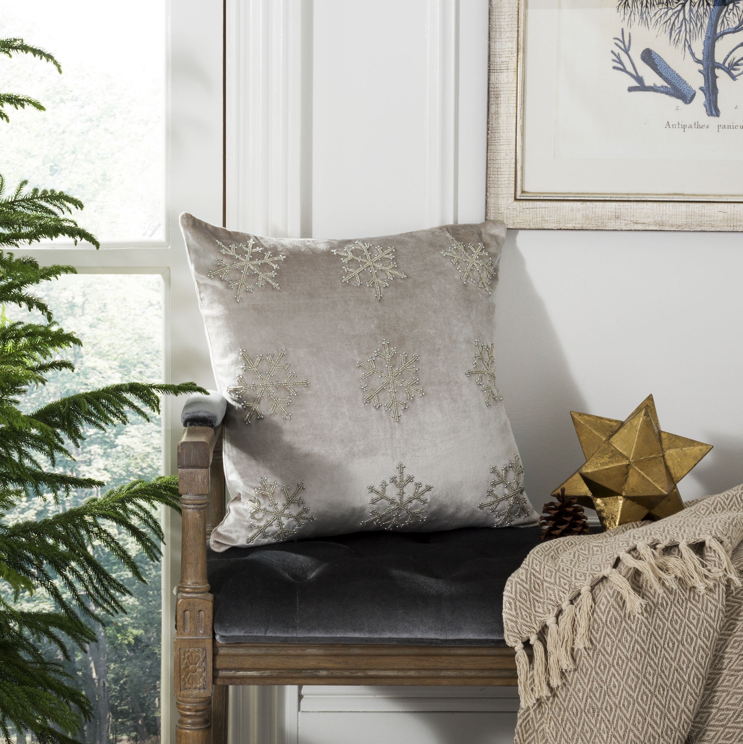 Beige and Silver Snowflake Christmas Pillow