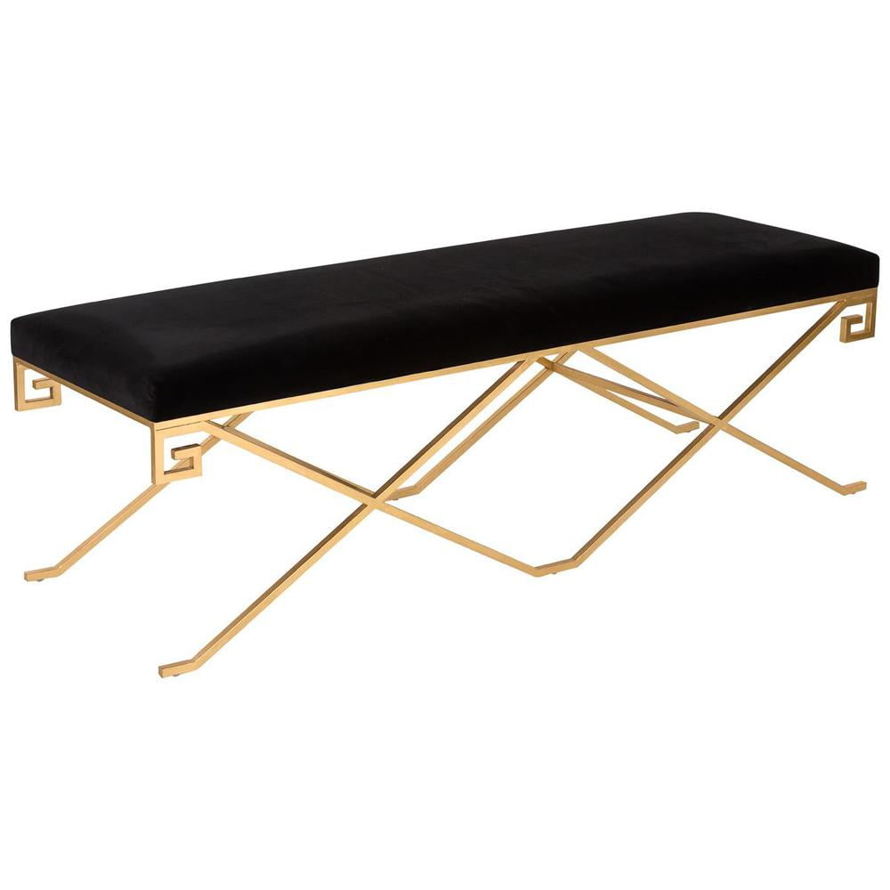 Black Velvet Bench with Gold Greek Key Metal Base