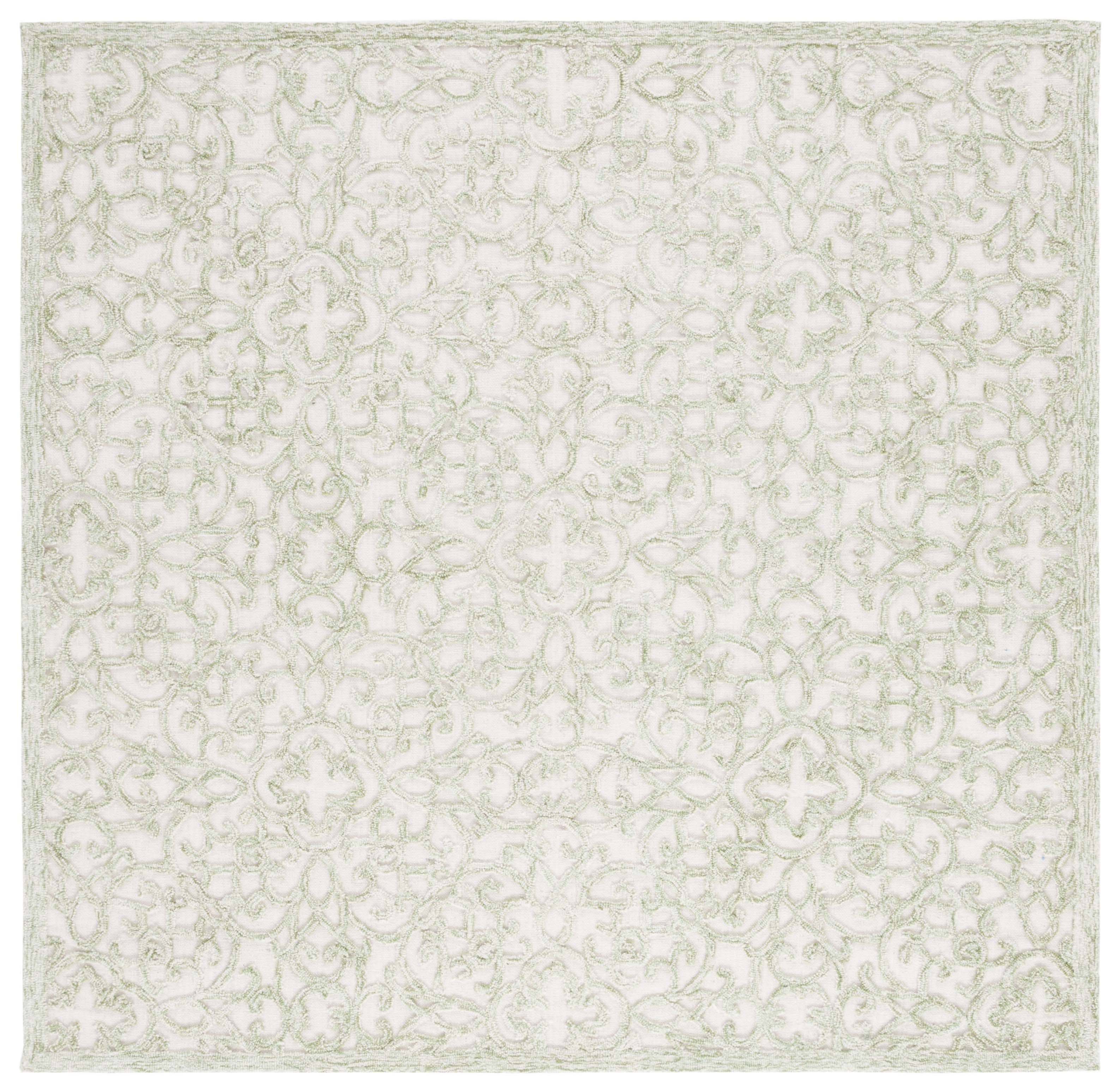 Ivory and Green Hand-Tufted Wool Square Area Rug, 6' x 6'